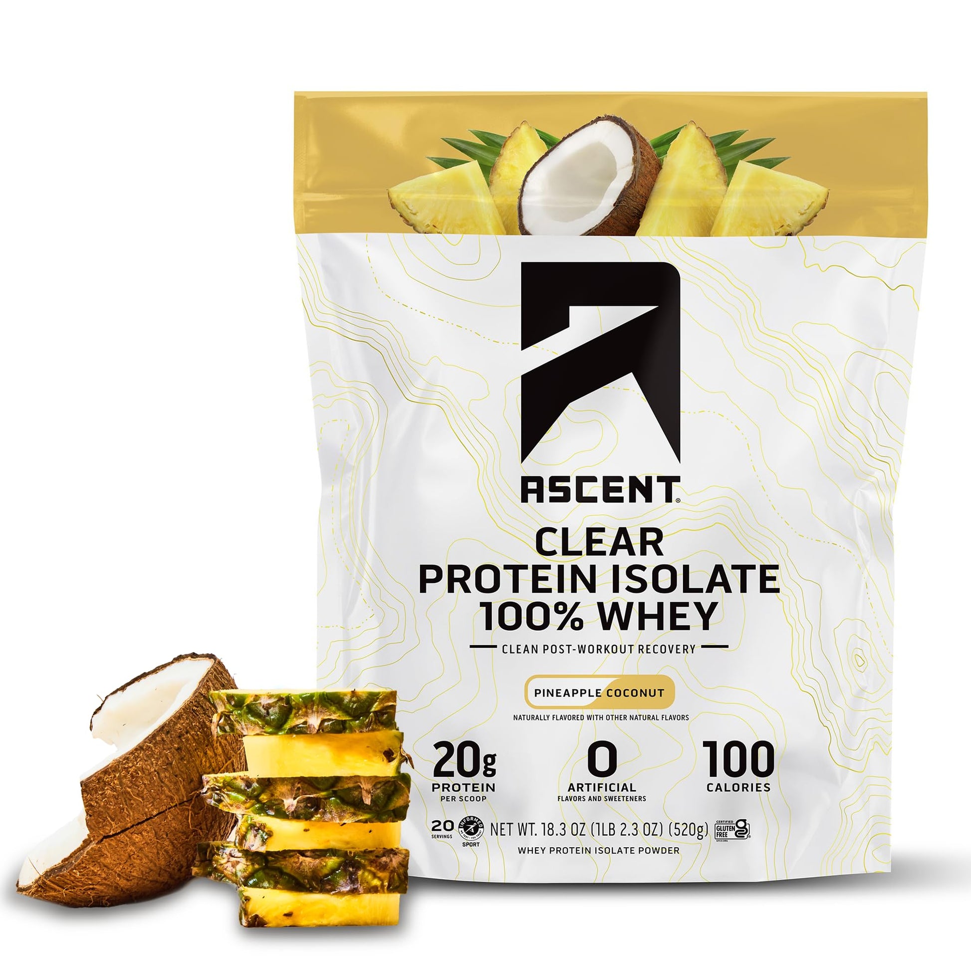 Ascent 100% Clear Whey Protein Powder - Post Workout Whey Protein Isolate, Zero Artificial Flavors & Sweeteners, Gluten Free, 5.5g BCAA, 2.1g Leucine, Essential Amino Acids, Pineapple Coconut, 20 Serv Ascent buy supplements canada