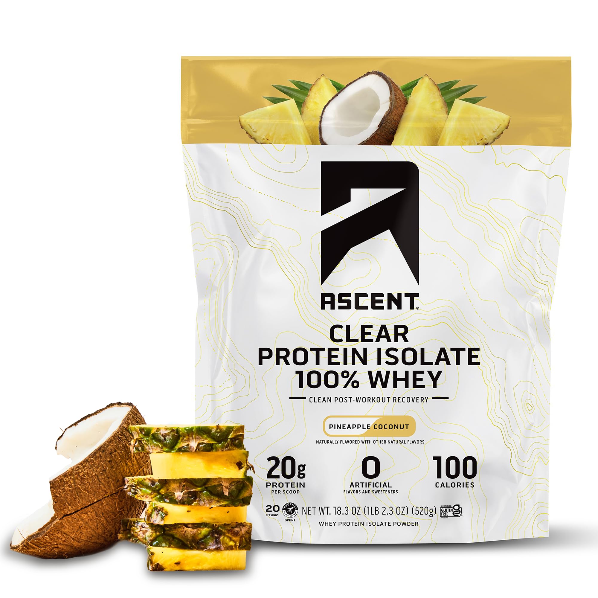 Ascent 100% Clear Whey Protein Powder - Post Workout Whey Protein Isolate, Zero Artificial Flavors & Sweeteners, Gluten Free, 5.5g BCAA, 2.1g Leucine, Essential Amino Acids, Pineapple Coconut, 20 Serv Ascent buy supplements canada