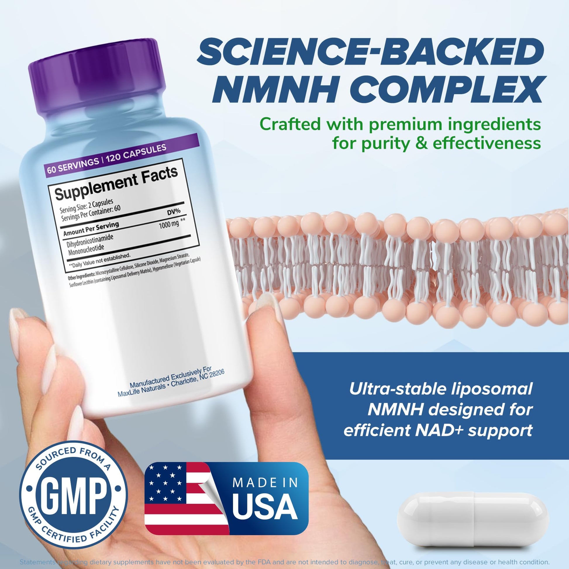 Liposomal NMNH 1000mg - 120 Capsules, Dihydronicotinamide Mononucleotide NAD+ Precursor - Ultra-Absorbable NAD Plus Complex, Liposomal NMN Supplements Capsules for Aging Support & Cellular Energy MAXLIFE NATURALS buy supplements canada