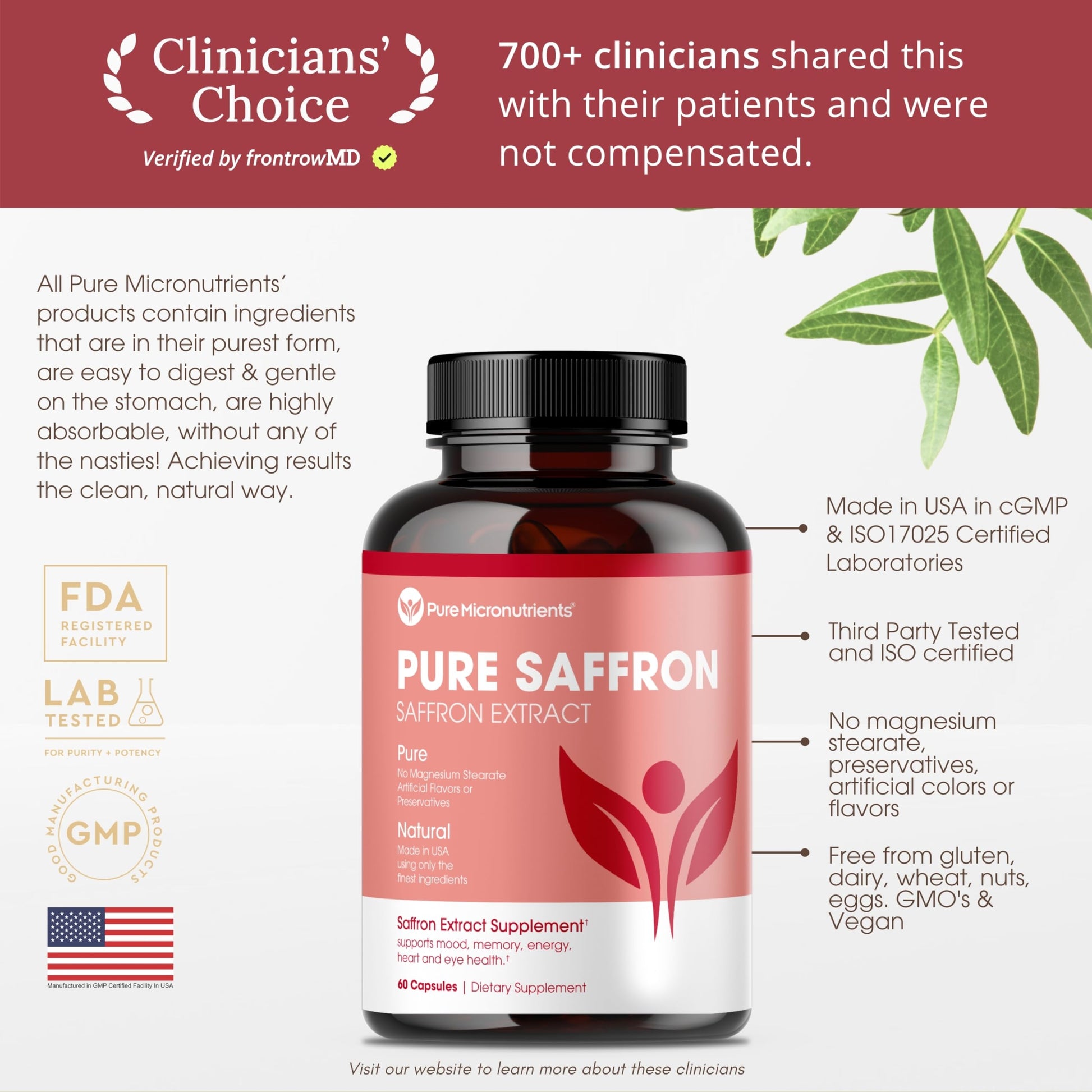 Saffron Supplements - 100% Pure Saffron Extract Capsules - Boost Energy & Mood, Support Eye & Heart Health Pure Micronutrients buy supplements canada