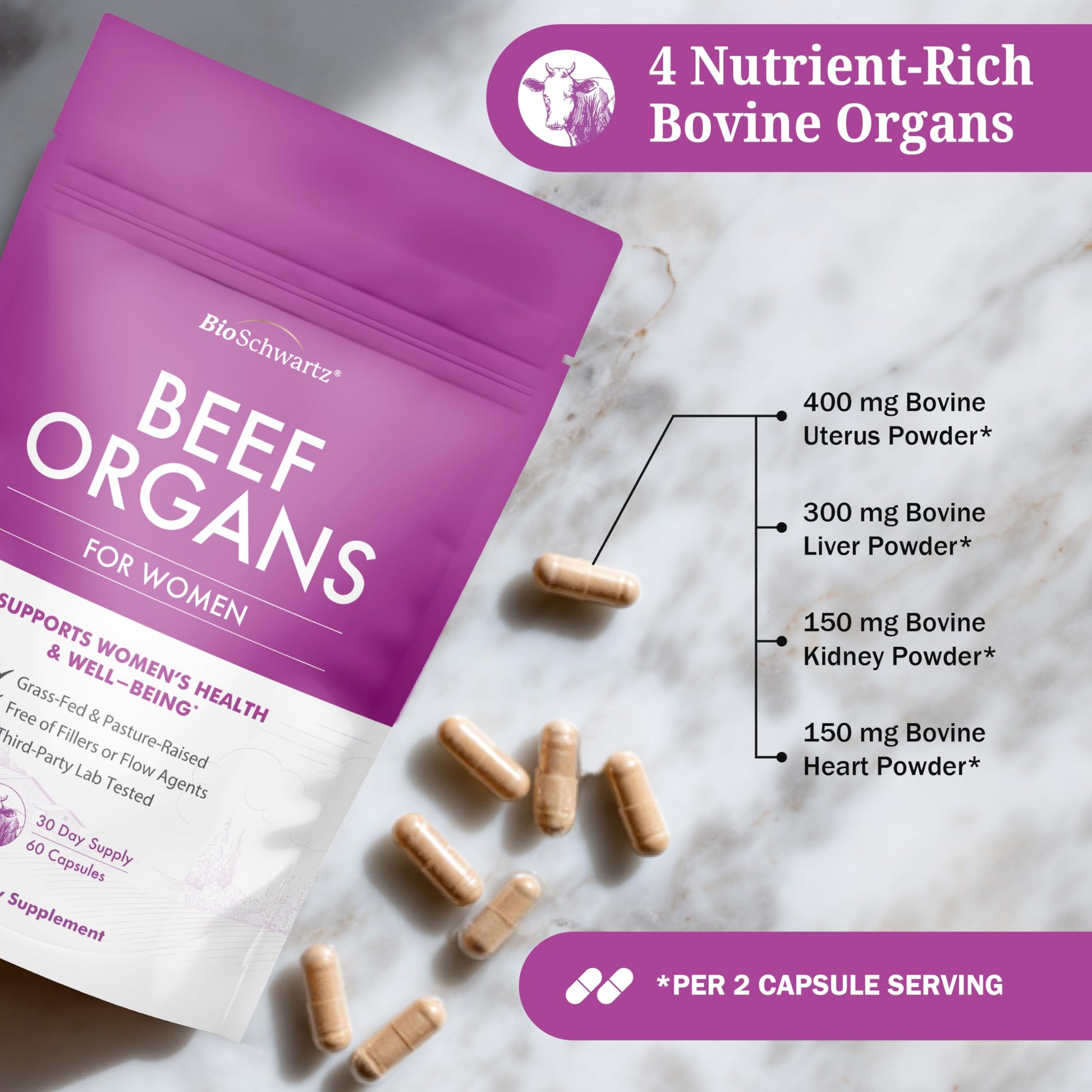 BioSchwartz Primal Beef Organ Supplement for Women - 60 Capsules - Grass-Fed & Pasture-Raised - Supports Healthy Hair Skin and Nails, Hormone Balance - with Bovine Liver, Kidney, Heart, Uterus Powder BioSchwartz buy supplements canada