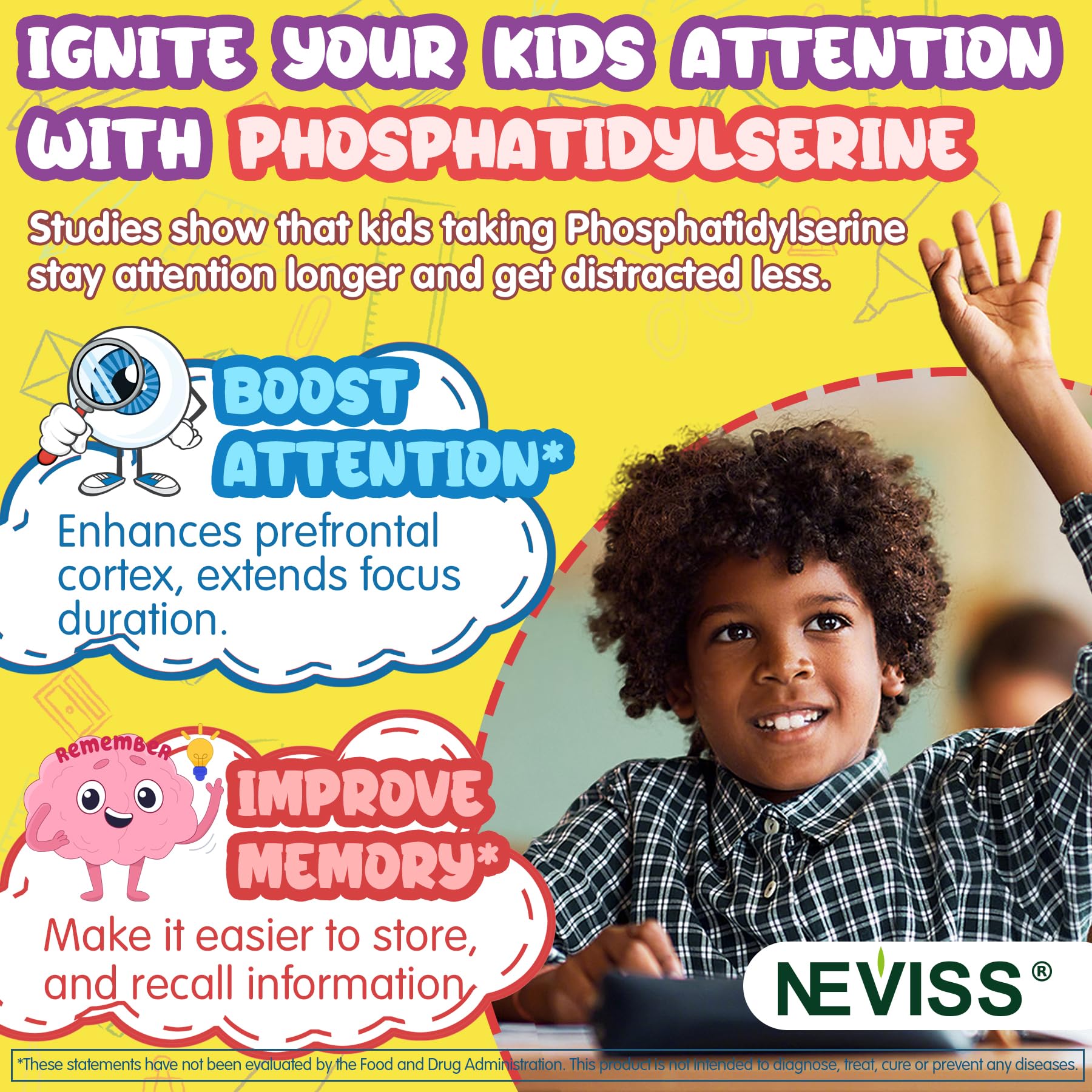 Kids Focus Gummies - Brain Supplements with Vegan Omega 3 DHA, Phosphatidylserine, L-Theanine, L-Tyrosine, Methylated B6 & B12 for Kids & Teen Support Attention, Memory, Nootropic, Sugar Free 60cts NEVISS buy supplements canada