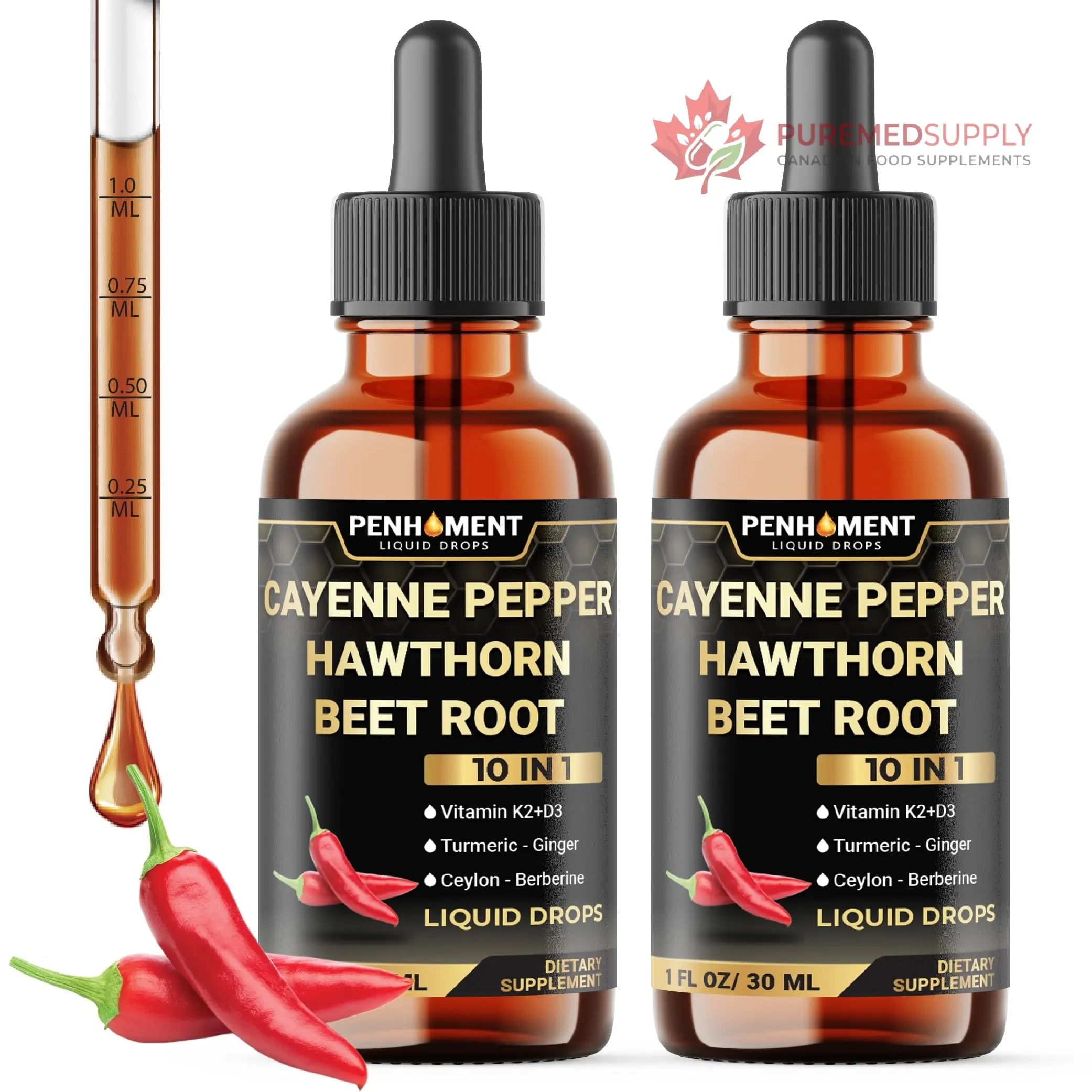 Penhoment 2 Packs - 2700 mg 10in1 Cayenne Pepper Liquid Drops with Hawthorn Berry, Vitamin D3 K2, Beet Root, Ginger Turmeric, Ginger, Ceylon Cinnamon, Berberine, and Ginseng - 2 Months Penhoment buy supplements canada