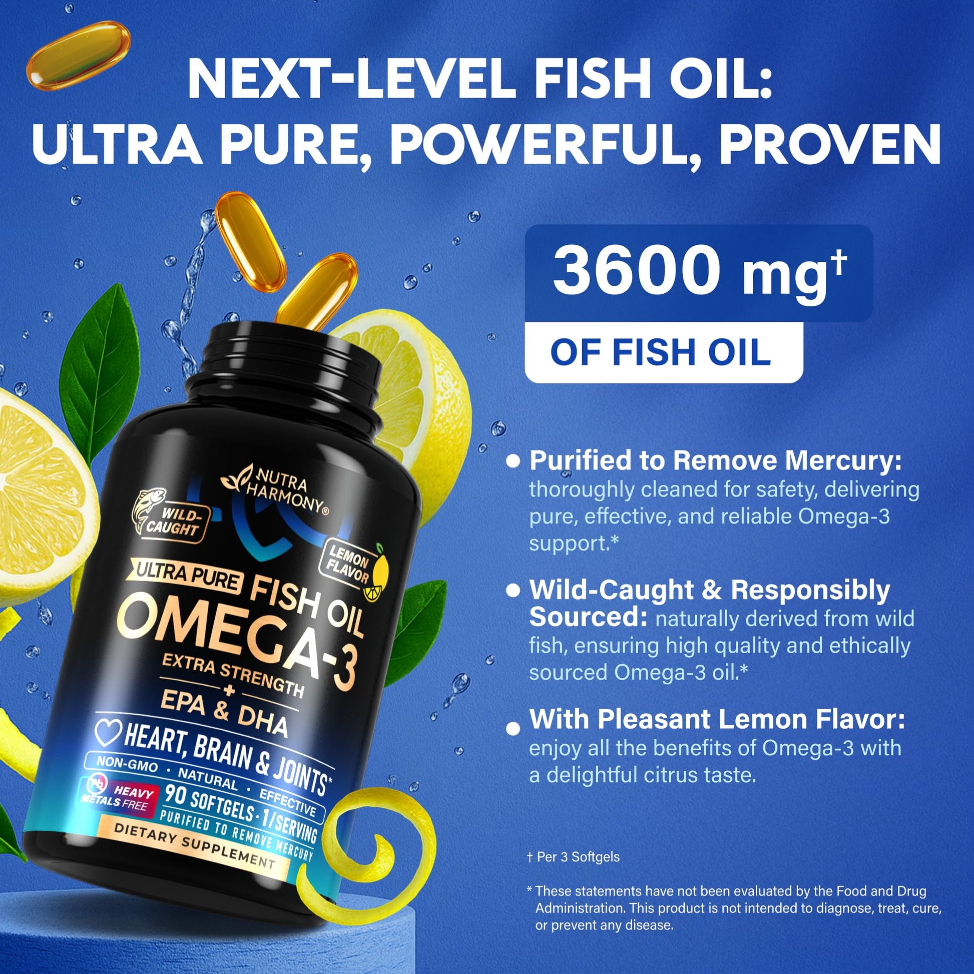 Omega 3 Fish Oil 3600 mg - Omega 3 Supplement | EPA & DHA - Heavy Metals Free - Heart, Brain & Joint Support - Purified Fish Oil for Men & Women - Lemon Flavored - Made in USA, 90 Softgels NUTRAHARMONY buy supplements canada