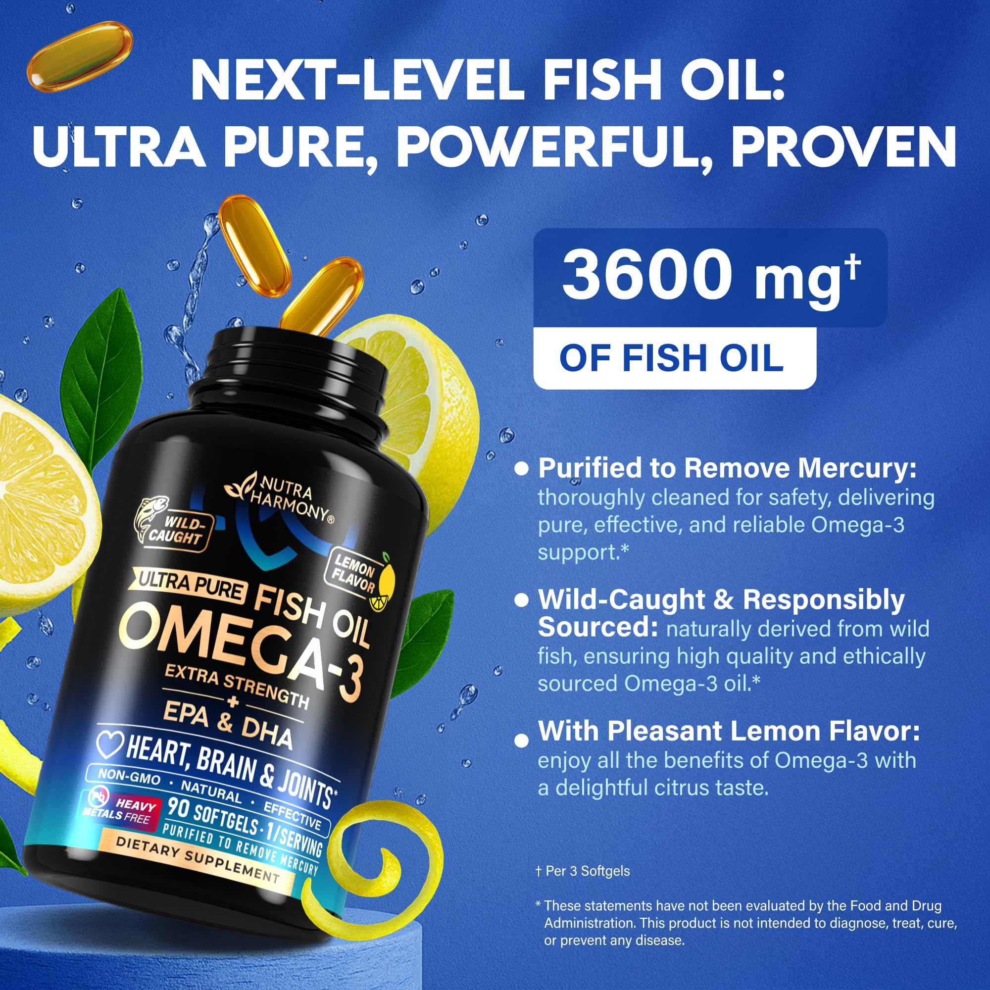 Omega 3 Fish Oil 3600 mg - Omega 3 Supplement | EPA & DHA - Heavy Metals Free - Heart, Brain & Joint Support - Purified Fish Oil for Men & Women - Lemon Flavored - Made in USA, 90 Softgels NUTRAHARMONY buy supplements canada