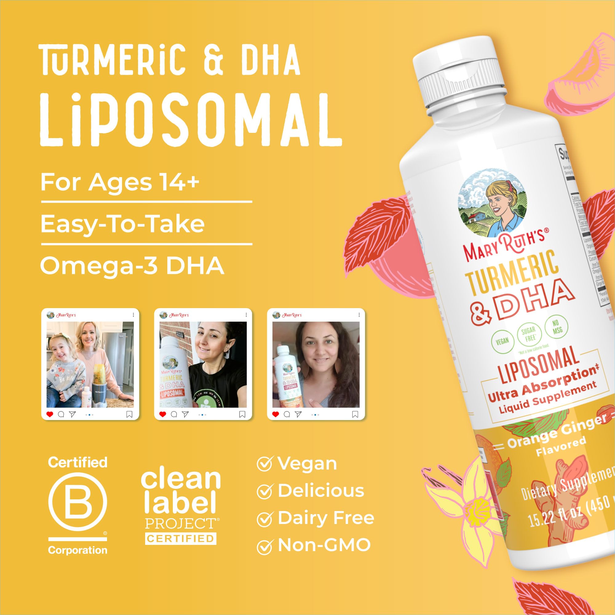 MaryRuth Organics | Liposomal Turmeric & DHA | Curcumin | Ginger Root Oil | Algal DHA & Vitamin E | Cognitive Function | Mood Support | Joint Health | Liquid Supplement | 15.22 oz MARYRUTH'S buy supplements canada