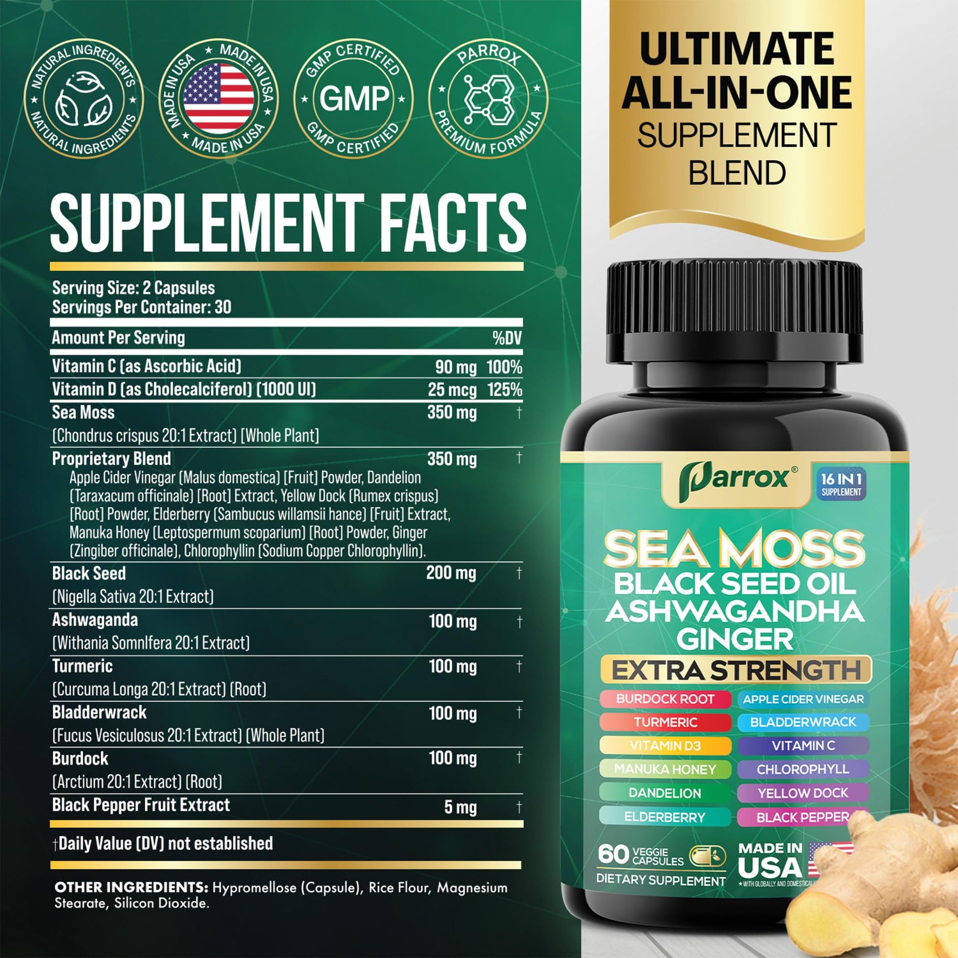 Parrox Sea Moss, Black Seed Oil, Ashwagandha, Turmeric, Chlorophyll, Dandelion, Ginger, Vitamin D3, Black Pepper, Elderberry, ACV, Yellow Dock, Burdock Root, Manuka, Vitamin C, Bladderwrack (60 Caps) Parrox buy supplements canada