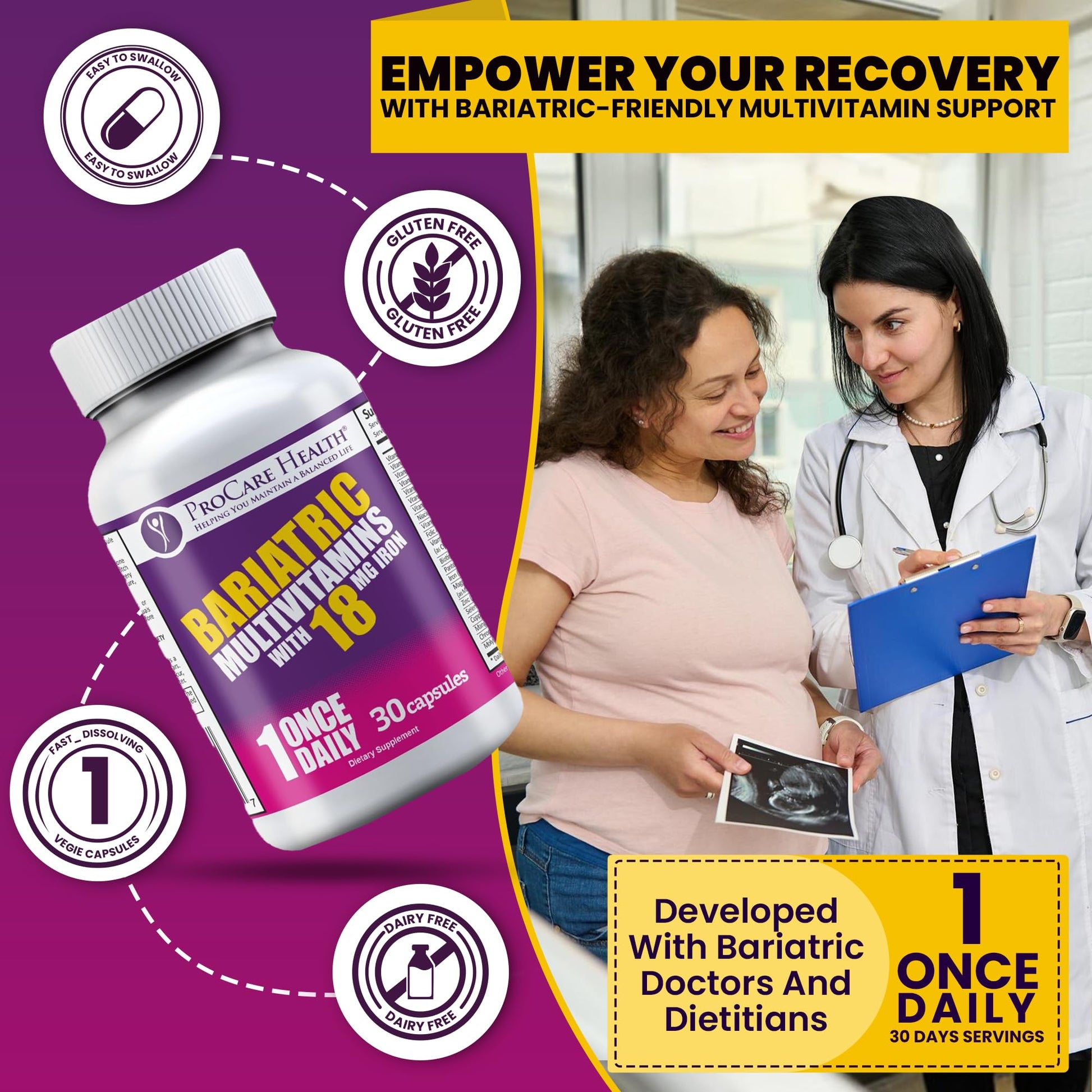 ProCare Health Bariatric Multivitamin with Iron 18mg (30 Easy to Swallow Capsules) - Post Op Bariatric Vitamins ProCare Health buy supplements canada