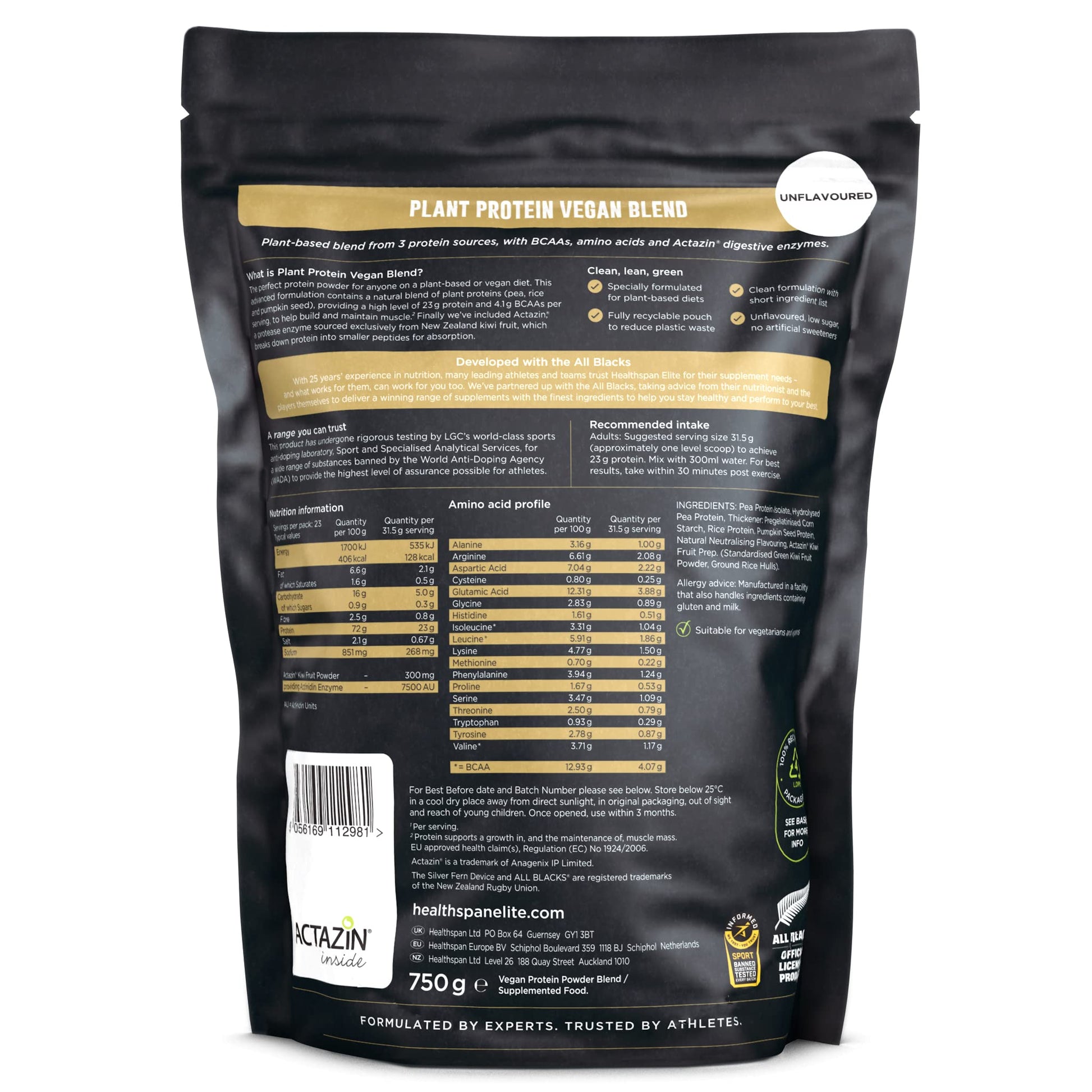 Healthspan Elite Plant Protein Vegan Blend (750g) | All Blacks Partner | 23g Protein Per Serving Healthspan Elite buy supplements canada