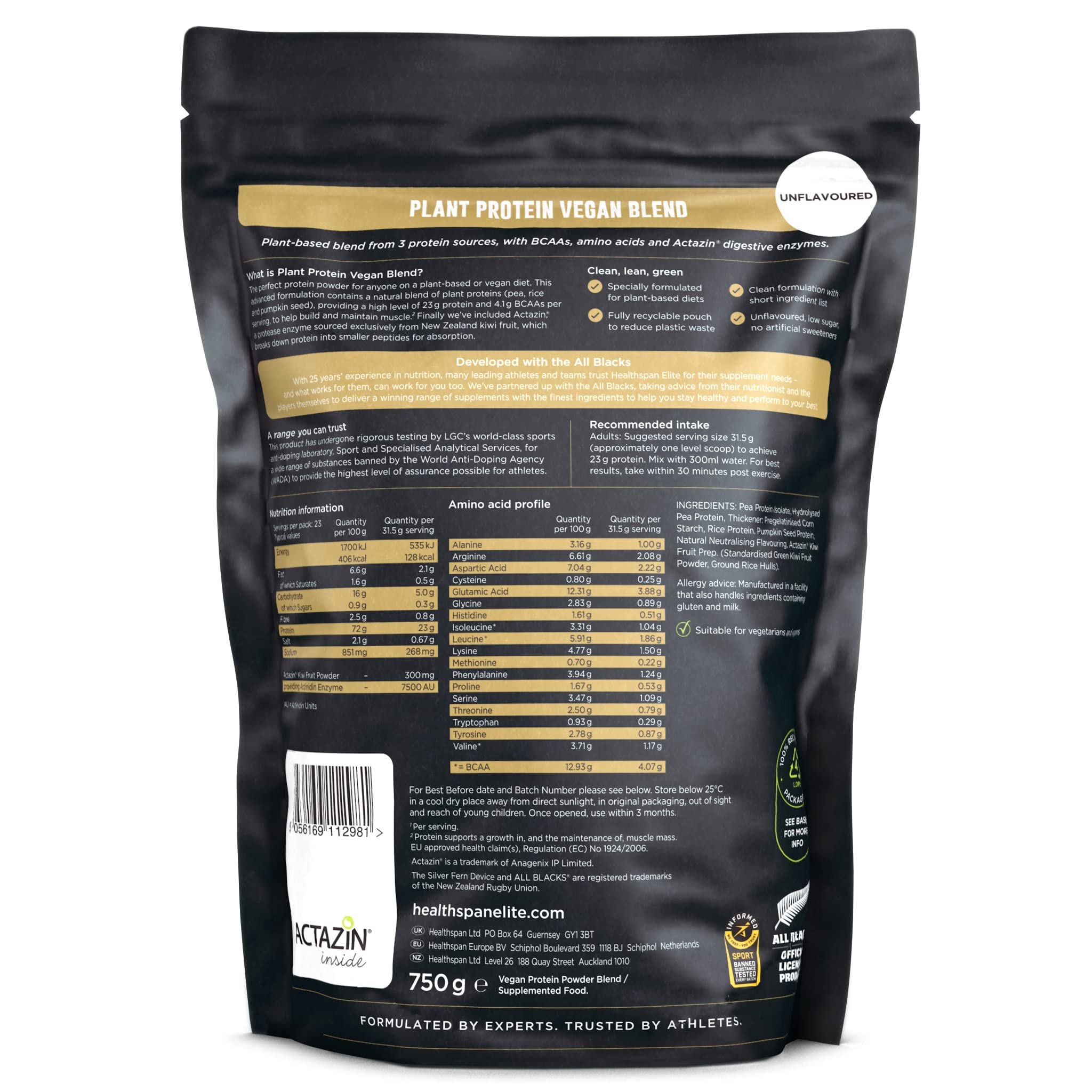 Healthspan Elite Plant Protein Vegan Blend (750g) | All Blacks Partner | 23g Protein Per Serving Healthspan Elite buy supplements canada