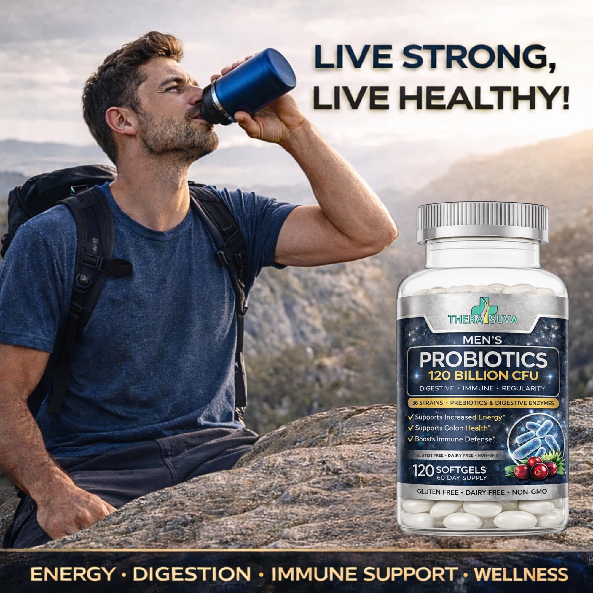 Men’s Advanced Probiotics 120 Billion CFU - 36 Strains + Prebiotics, Enzymes & Veggie Blend for Gut, Immune & Colon Health - 2 Month Supply, 120 Softgels TheraSuva buy supplements canada