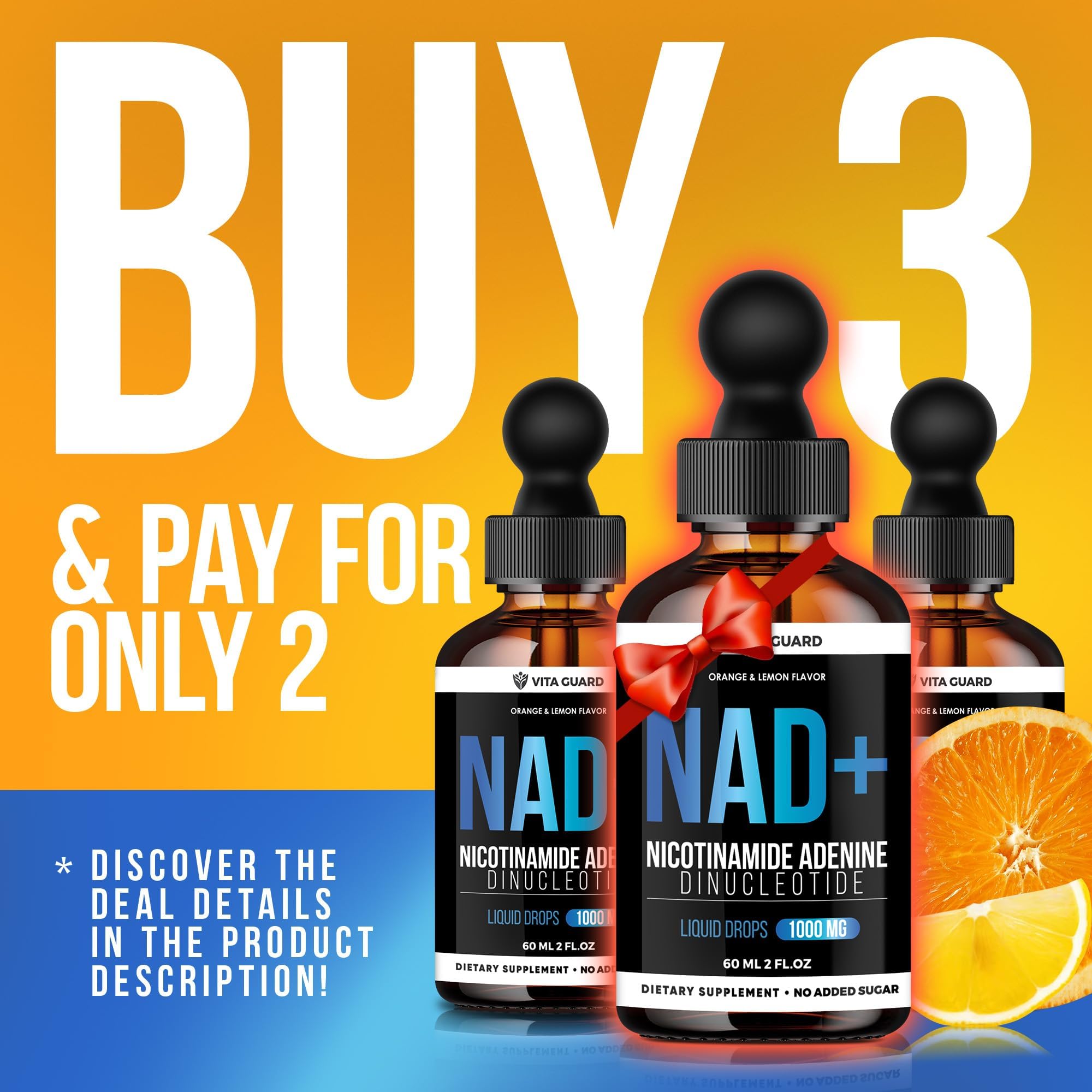 Vita Guard Pure NAD+ Supplements 1000mg Liquid Drops for Women & Man | Nicotinamide Adenine Similar to Nicotinamide Riboside NAD Plus Boosting Supplement - Natural Lemon & Orange Flavor Vita Guard buy supplements canada