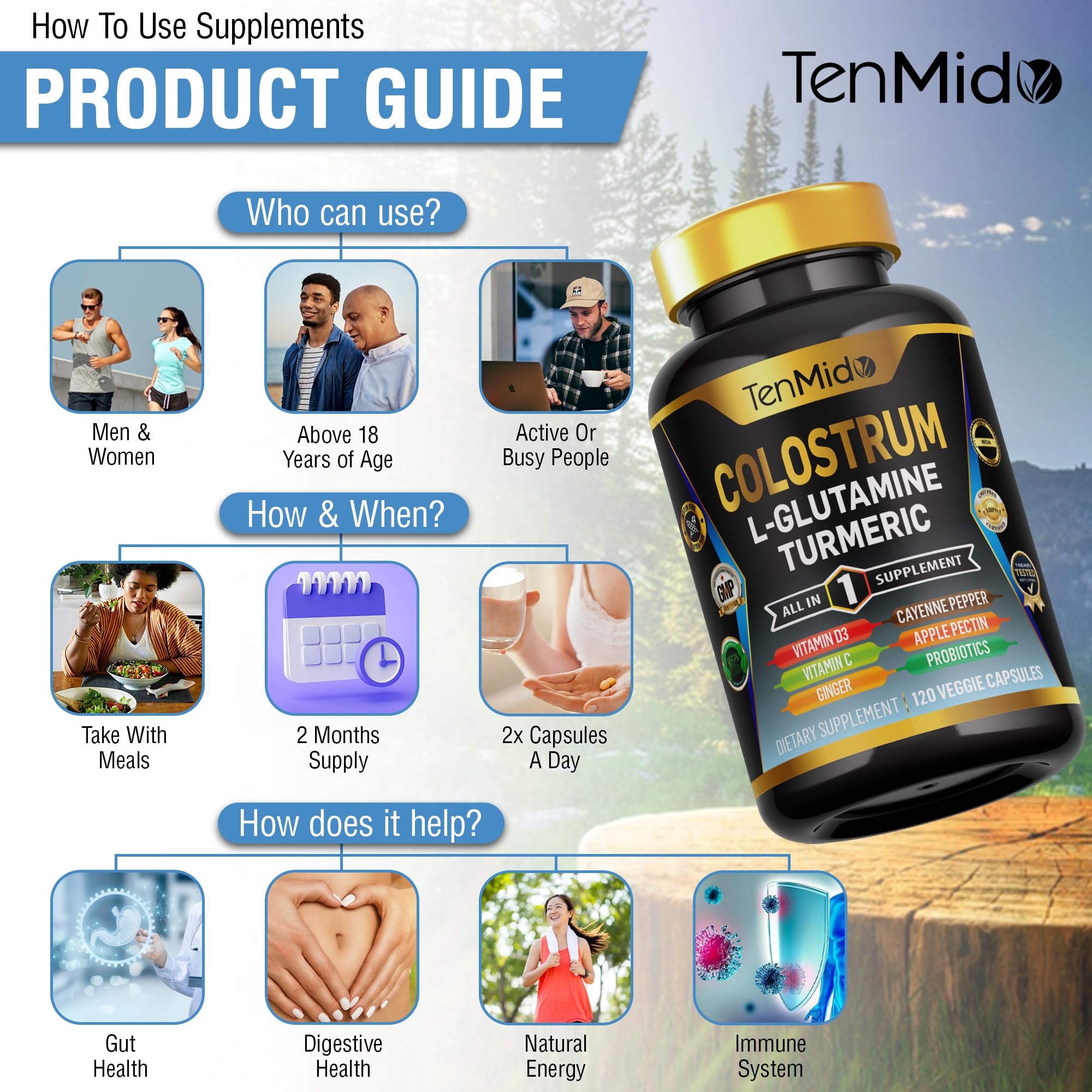 Tenmido Colostrum Supplement - 10in1 Formula - Combine with L- Glutamine, Turmeric, Cayenne Pepper, Apple Pectin, Probiotics, Ginger, and More - Digestive Health, Immune Support - 120 Capsules Tenmido buy supplements canada