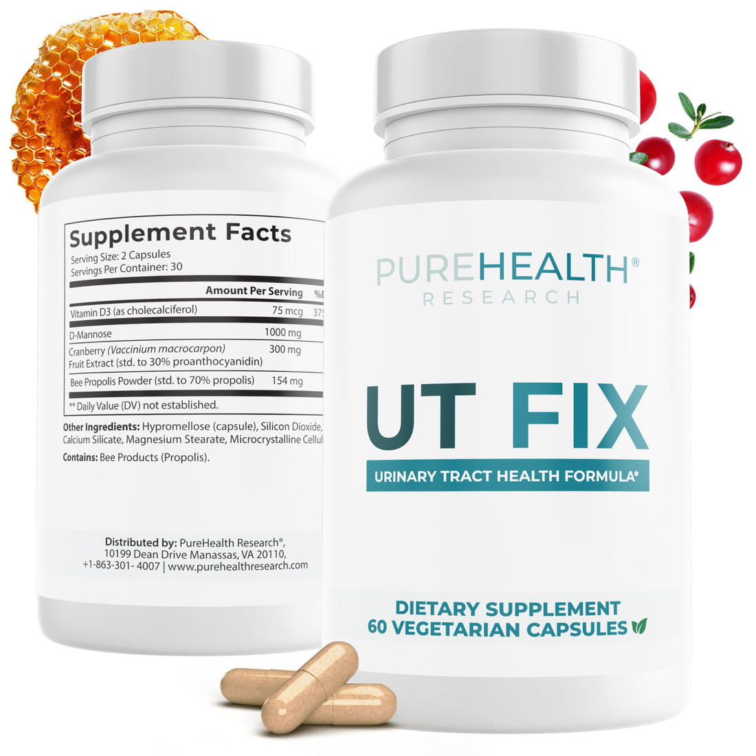 PUREHEALTH RESEARCH UT Fix - Urinary Tract Health Formula - Urinary Tract Support for Women & Men - Cranberry Supplement with D Mannose 1000mg, Vitamin D3 & Bee Propolis - 60 Capsules PUREHEALTH RESEARCH buy supplements canada