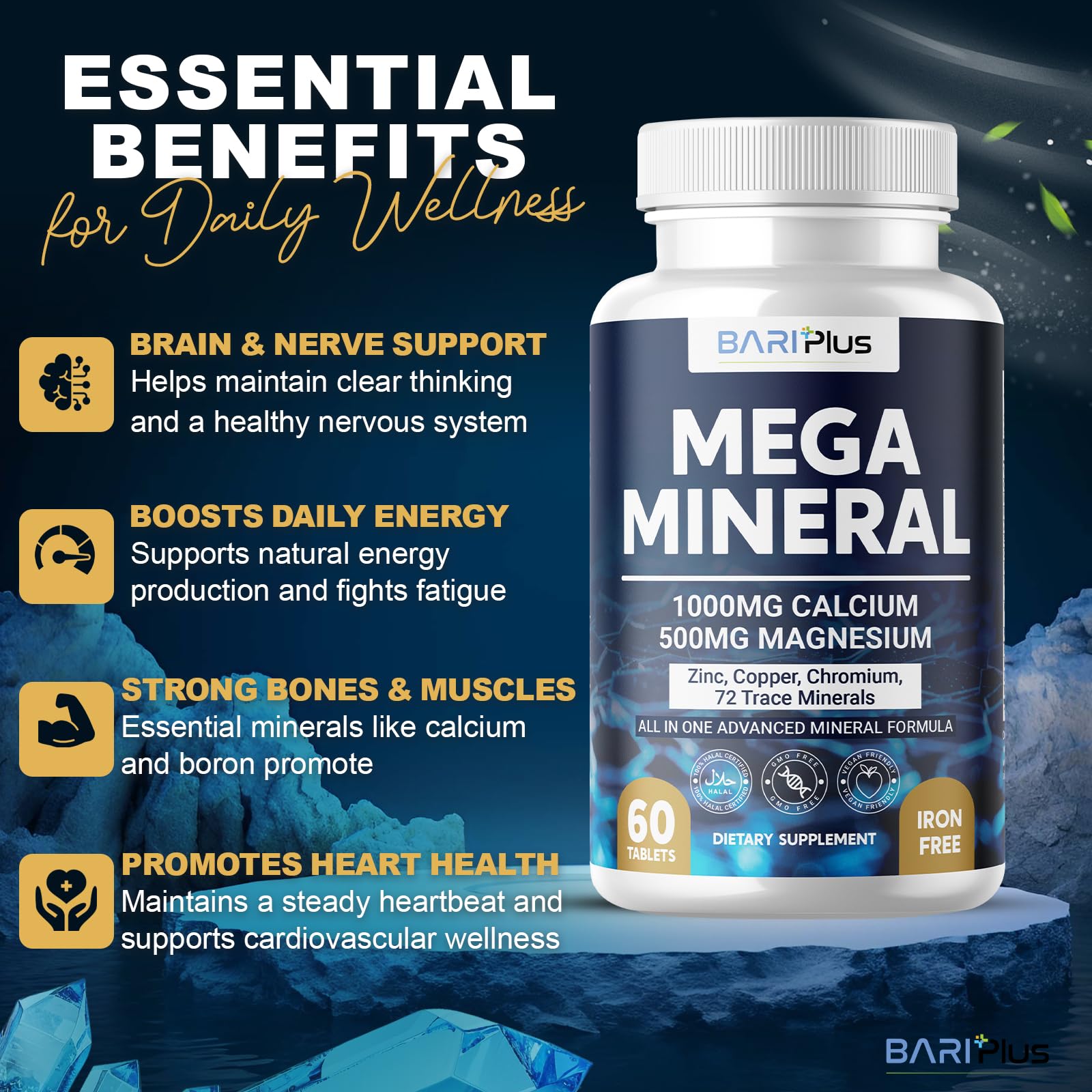 Mega Mineral – Complete Complex with Vitamin D, Calcium, Magnesium, Zinc, Potassium, Boron, Selenium, Chromium & Trace Minerals – Iron-Free – USA Made – 60 Tablets BARIPLUS buy supplements canada