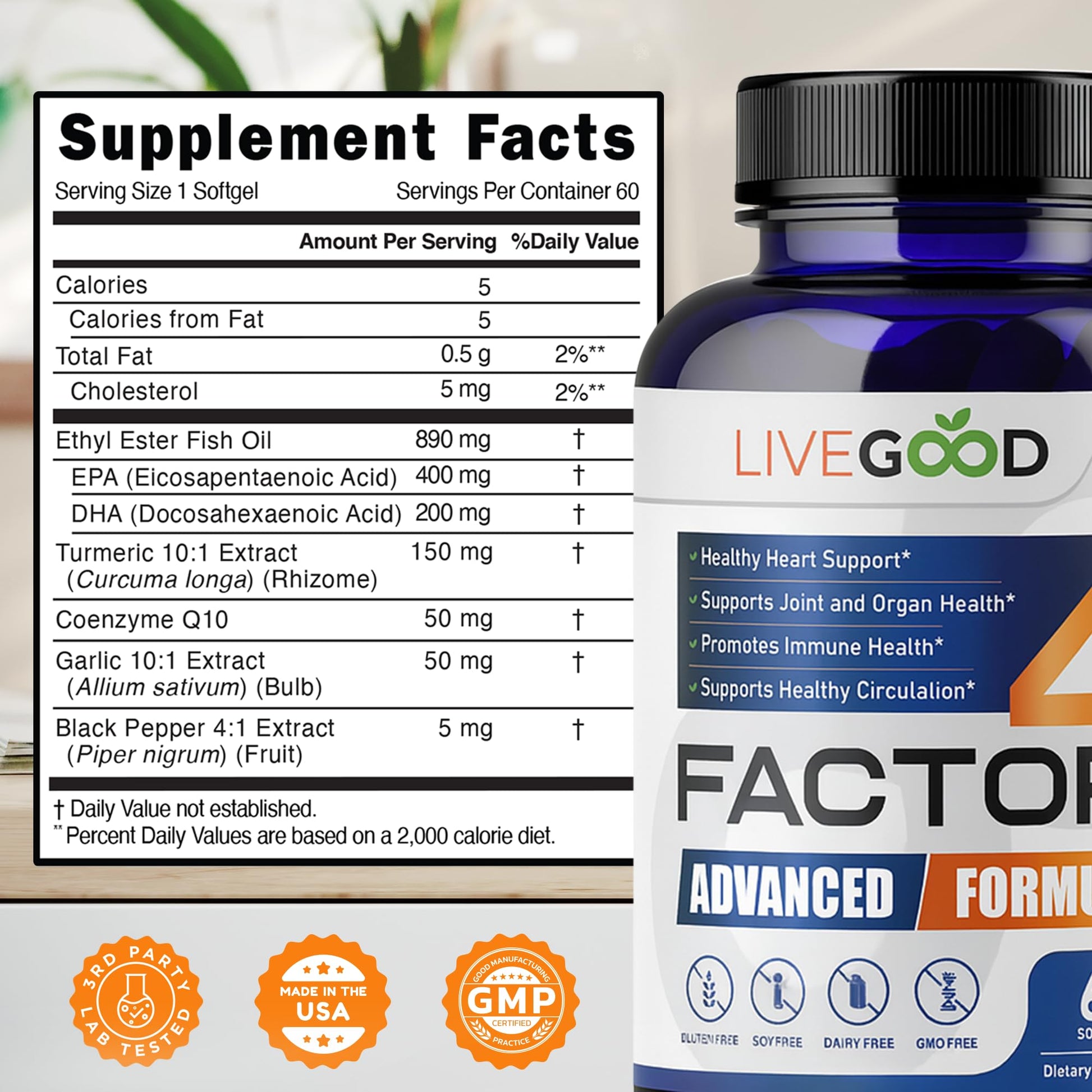 LIVEGOOD™ Factor 4, Omega 3 Fish Oil with EPA & DHA, CoQ10, and Turmeric, Advanced Q10 Coenzyme & CoQ10 Supplements, DHA Supplements for Heart, Joint & Immune Support, Made in USA, 60 Count, LIVEGOOD buy supplements canada