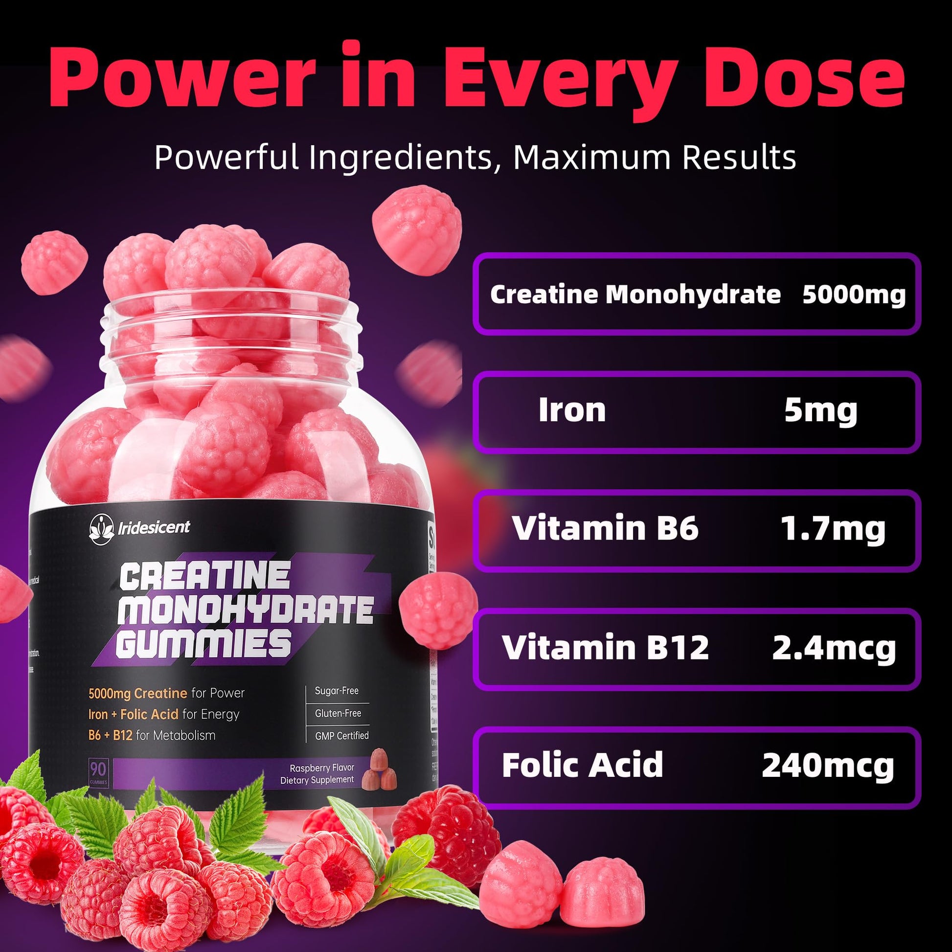 IRIDESICENT Creatine Monohydrate Gummies 5000mg w/Iron, Vitamin B6 & B12, Sugar Free 5g Creatine Supplements for Women and Men Boost Energy & Muscle Recovery - 90 Raspberry Gummies IRIDESICENT buy supplements canada