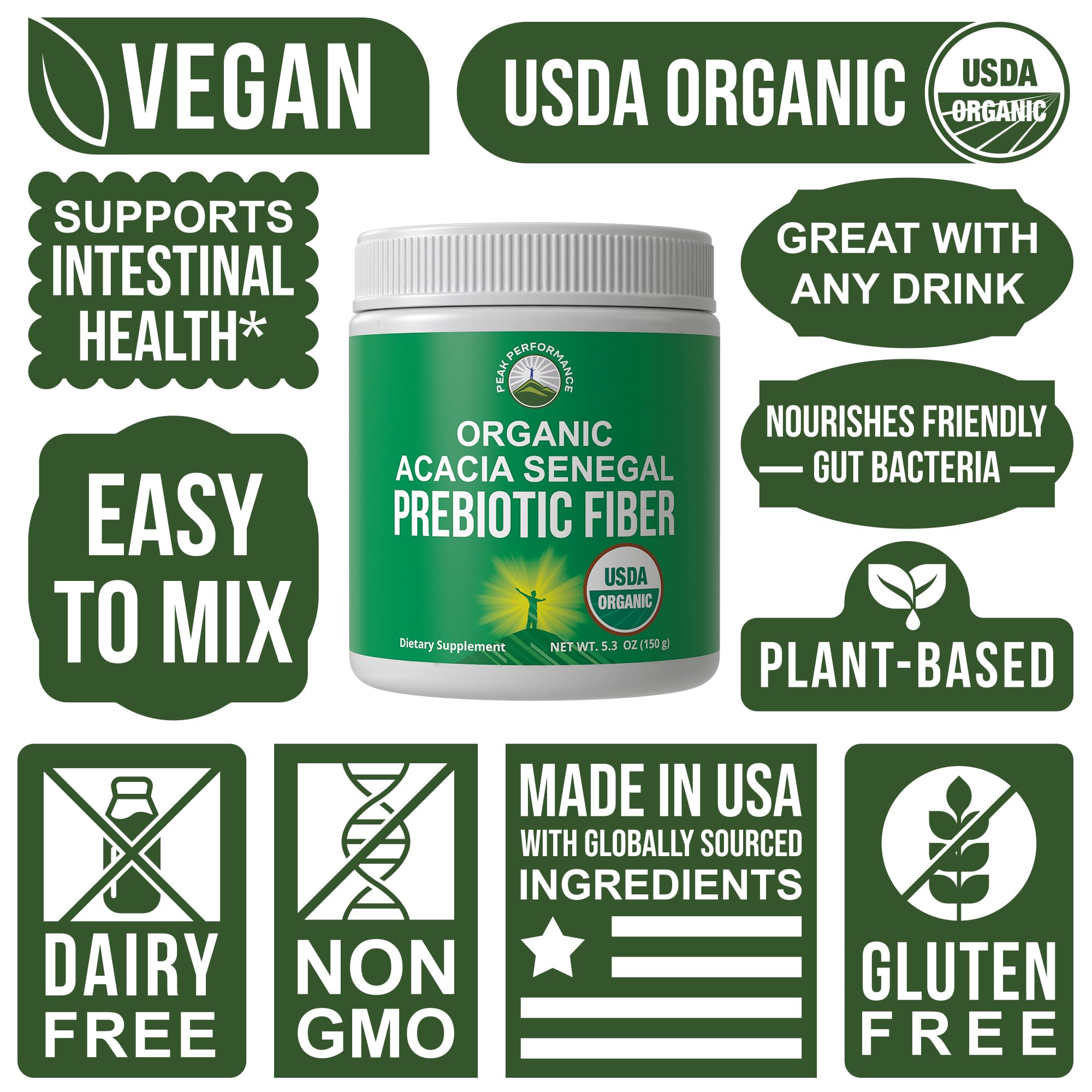 Peak Performance Organic Acacia Senegal Prebiotic Fiber Powder. Unflavored USDA Organic Plant Based Soluble Vegan Prebiotics Gut Health Supplement with Digestive Enzymes Peak Performance buy supplements canada