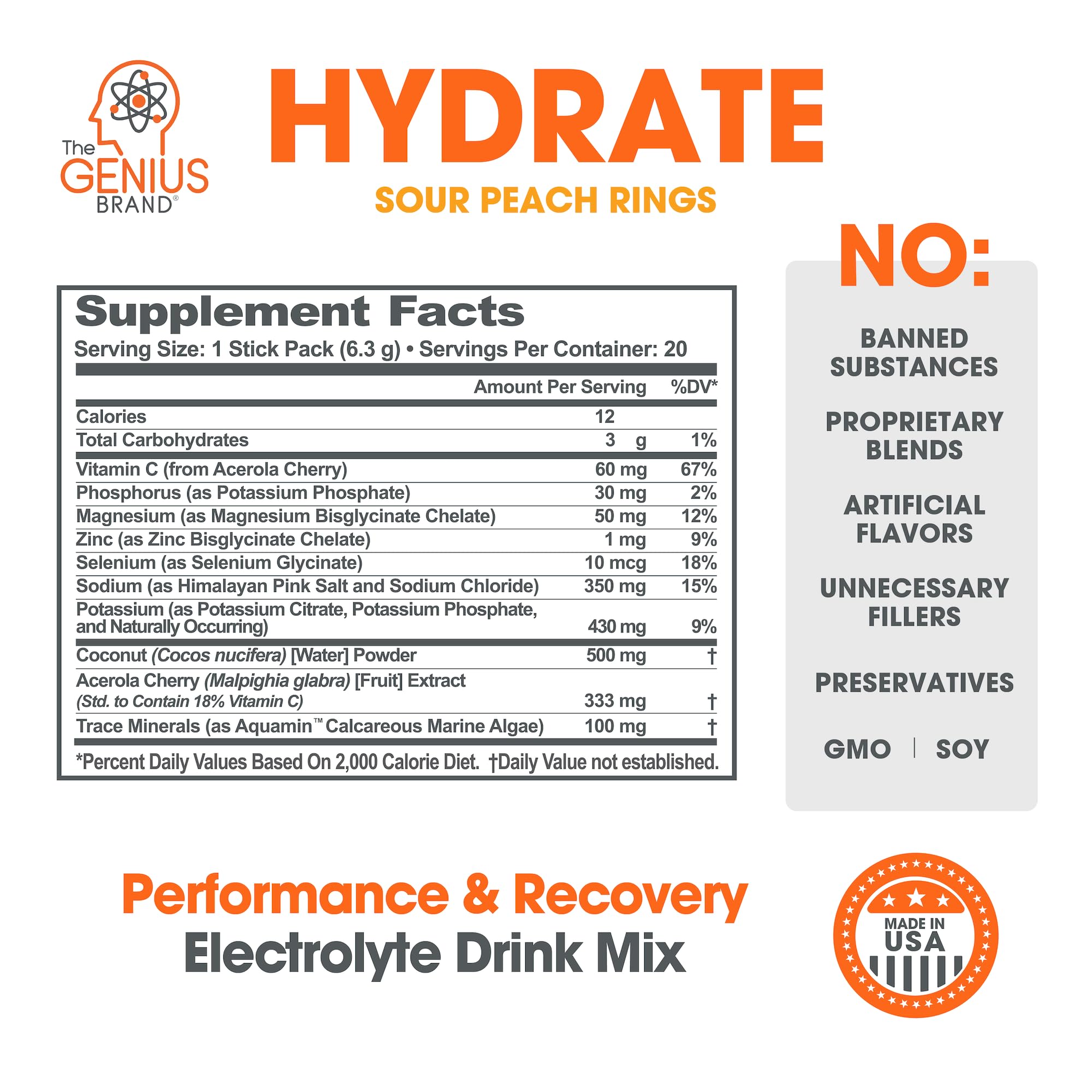 The Genius Brand Genius Hydrate - Electrolyte Supplement for Daily Hydration - Coconut Water - Sugar-Free - 8 Essential Minerals & Nutrients - Non-GMO - Sour Peach Rings - 20 Servings The Genius Brand buy supplements canada