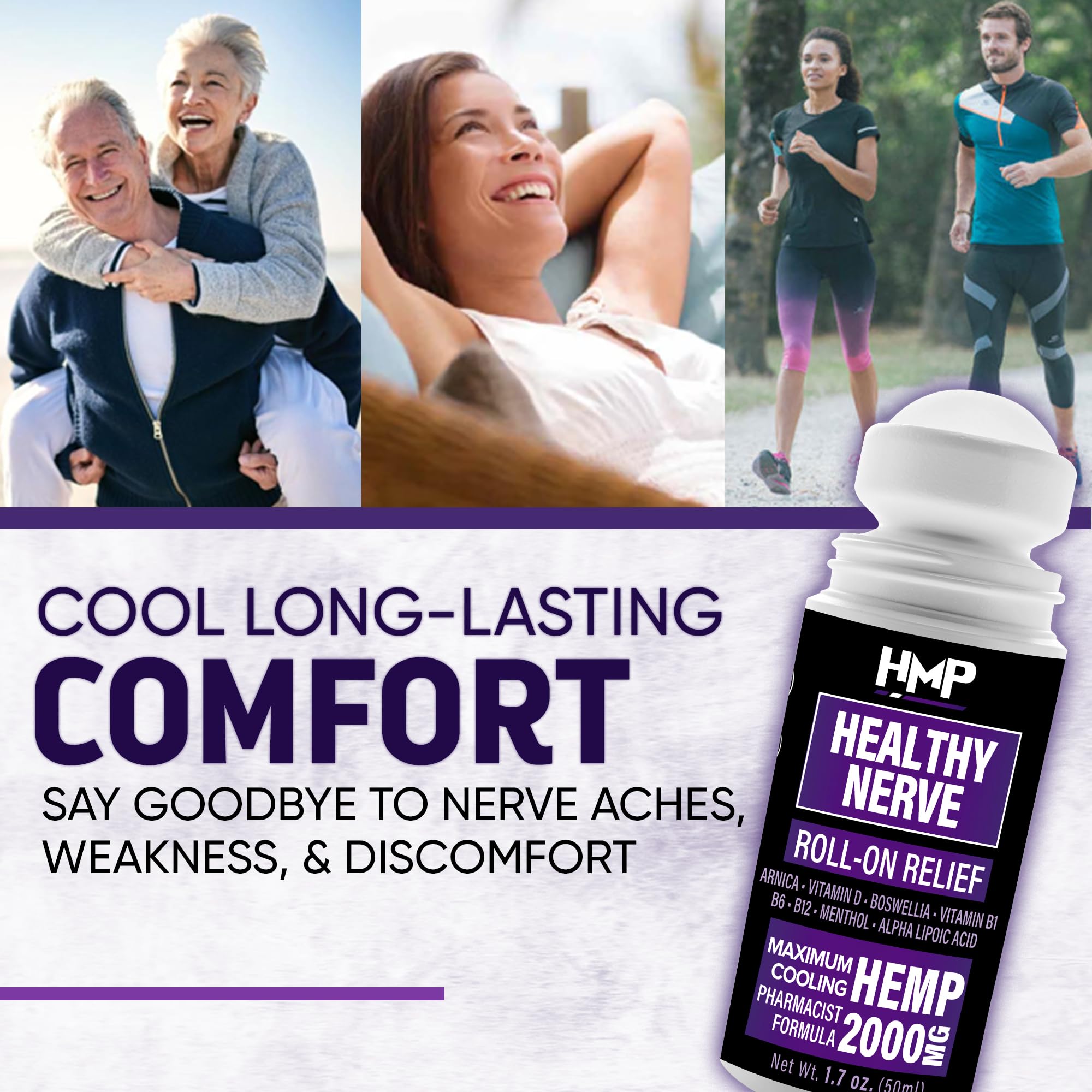 HMP Nerve Roll-On for Feet, Hands, Legs, Toes, Back 2000MG Hemp with Menthol & Arnica, Soothing Cooling Formula, Made in USA, 50ml (1 Pack) HMP BRANDS buy supplements canada