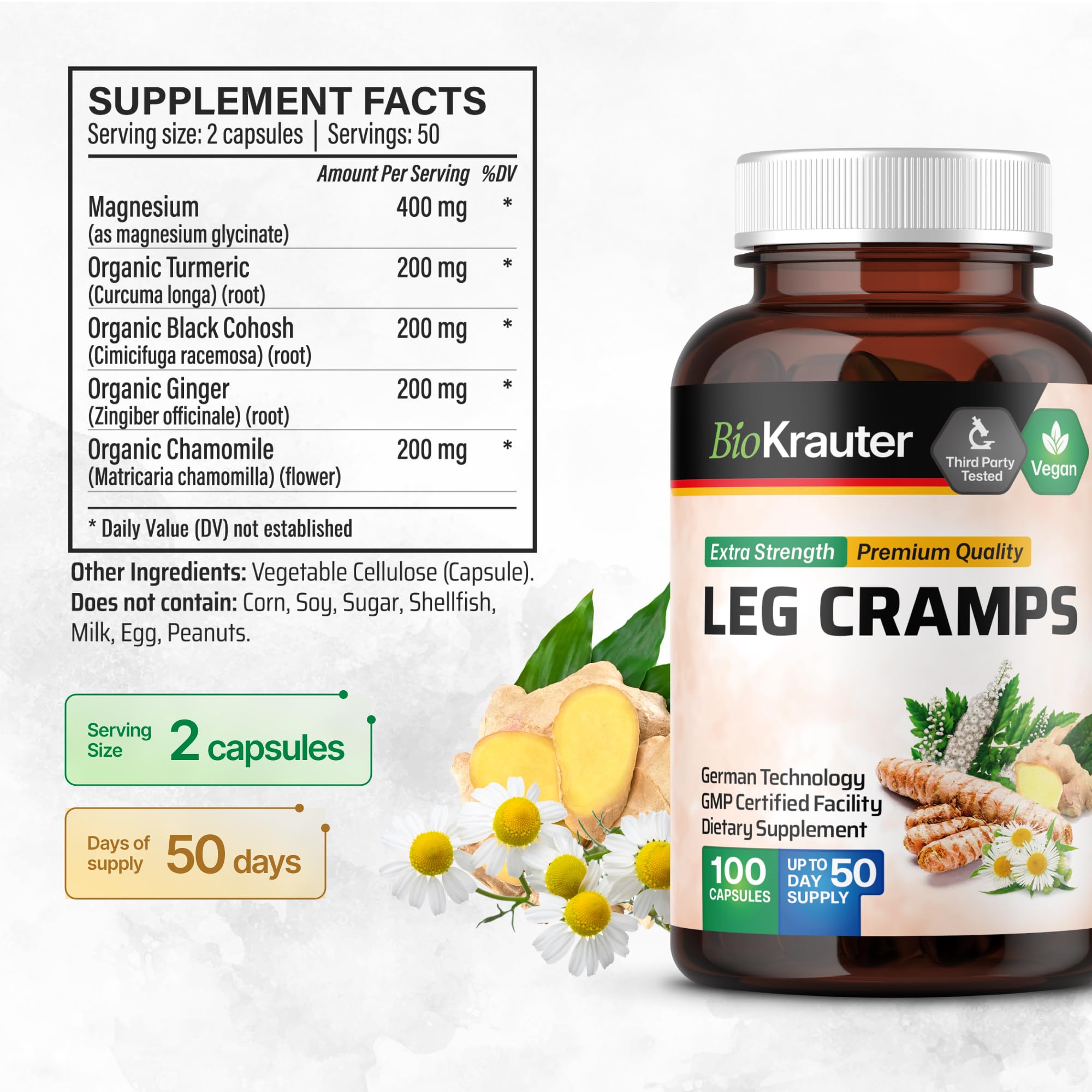 BIO KRAUTER® Magnesium Glycinate for Leg Сramps & Relax - 5-in-1 Formula Magnesium Glycinate 400mg with Turmeric, Black Cohosh, Ginger, Chamomile 1200 mg 100 Caps - No Fillers, Non-GMO, 50-Day Supply BIO KRAUTER buy supplements canada