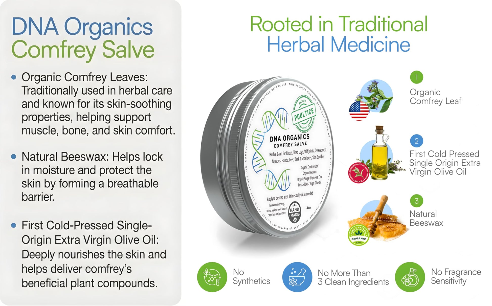 DNA Organics Comfrey Salve Ointment 2oz – Organic Herbal Salve for Bones, Muscles, Joints, Knees, Skin & Tattoo Care. Herbal Balm for Soothing Relief. Handcrafted, Slow-Infused, No Chemical Fillers Wild Castle buy supplements canada
