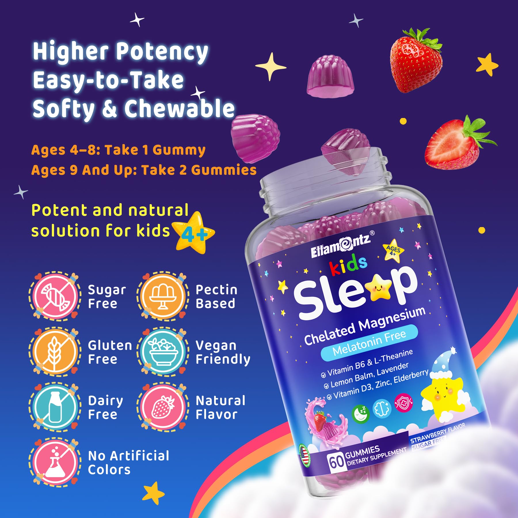 Kids Sleep Gummies, NO Melatonin Sleep Aid Gummies w/ Magnesium Glycinate, Magnesium Malate, L-Theanine, Lavender, B6, Zinc, D3K2 for Restful Sleep, Relax Brain & Muscle, Immune Support, Non-GMO 1Pack ELLAMENTZ buy supplements canada