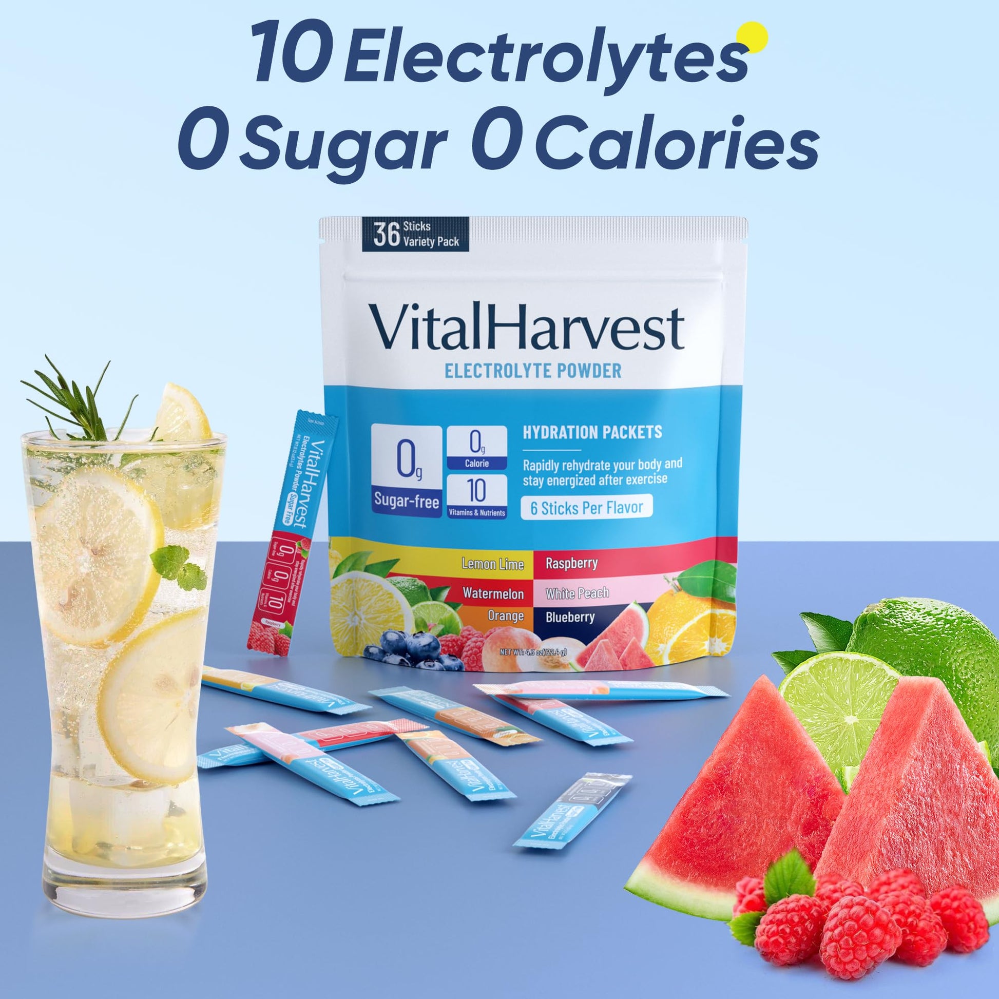 VitalHarvest 36 Sticks Electrolytes Powder Packets 6 Flavors Sugar Free Hydration Packets Electrolyte Liquid Daily IV Drink Mix with Lemon Lime, Watermelon, Orange VitalHarvest buy supplements canada