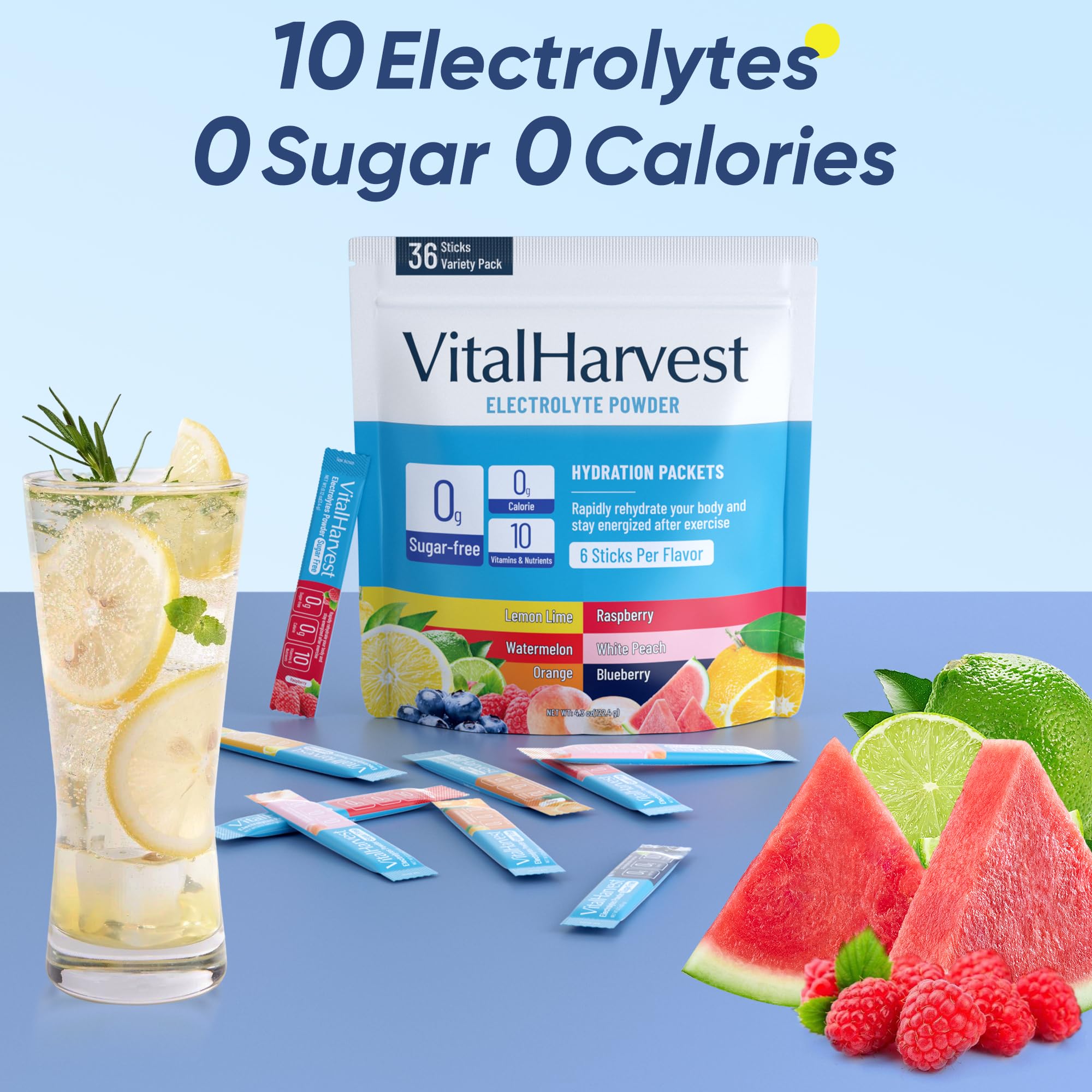 VitalHarvest 36 Sticks Electrolytes Powder Packets 6 Flavors Sugar Free Hydration Packets Electrolyte Liquid Daily IV Drink Mix with Lemon Lime, Watermelon, Orange VitalHarvest buy supplements canada