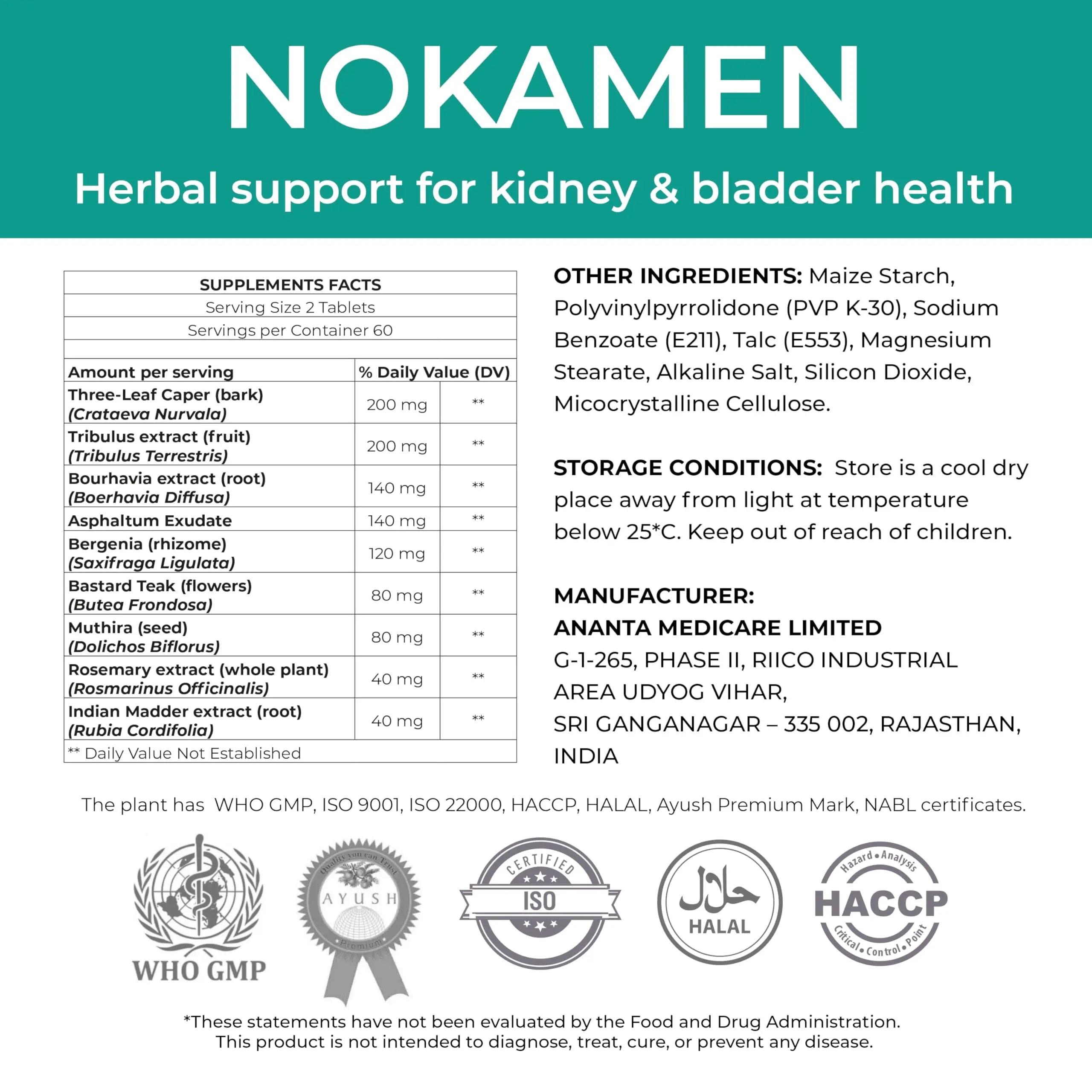 Ananta Medicare USA NOKAMEN – Kidney & Urinary Tract Support Herbal Formula, 120 Tabs Ananta Medicare USA buy supplements canada