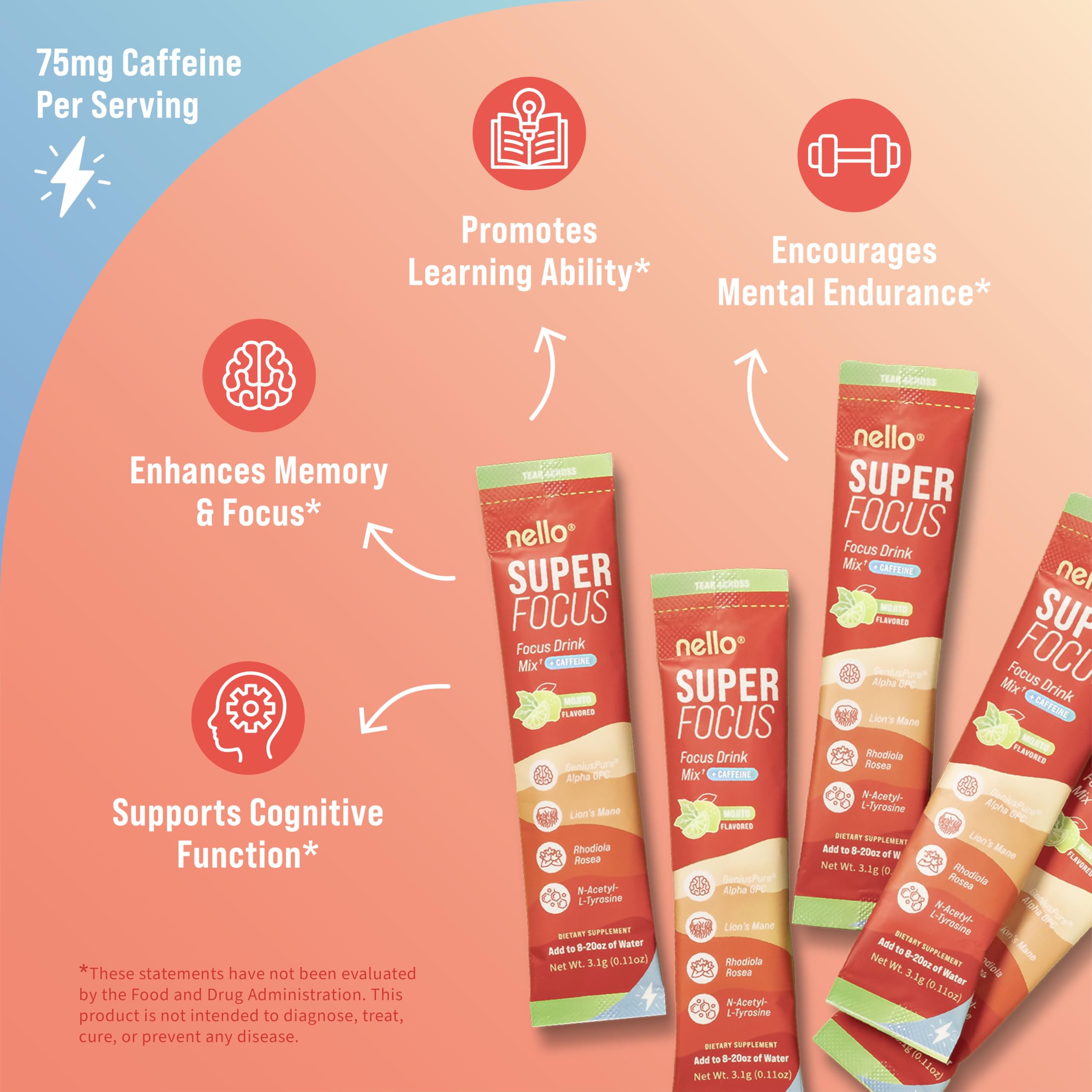 Nello Superfocus Mojito with Caffeine Nootropic Focus Drink Mix, 20 On-The-Go Packets, Alpha GPC, Lions Mane, Rhodiola, Sugar-Free Nello buy supplements canada