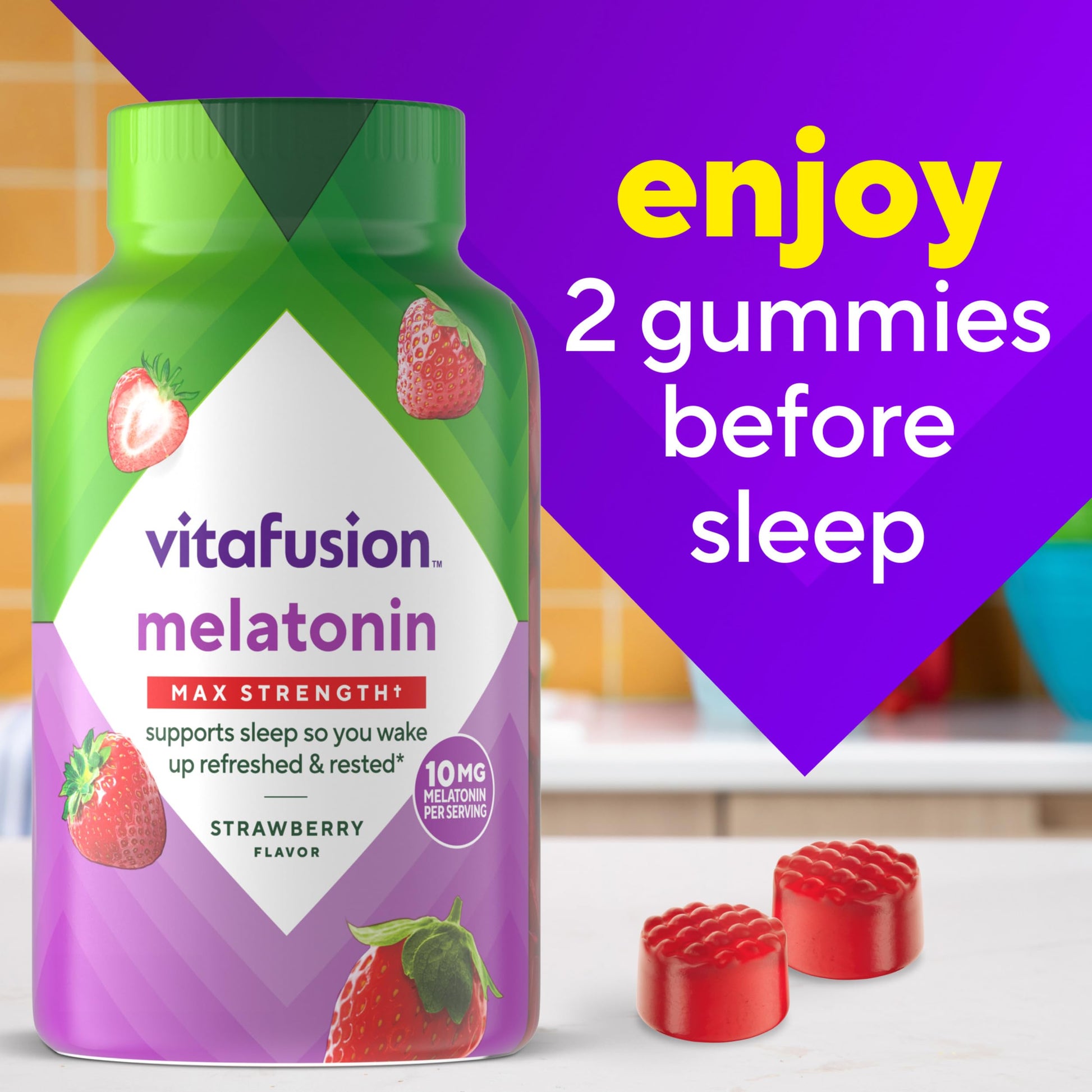 vitafusion Max Strength 10 mg Melatonin Gummies, Strawberry Flavored, Adult Melatonin Gummy Vitamin Supplement, 100 Count, 50 Day Supply Vitafusion buy supplements canada