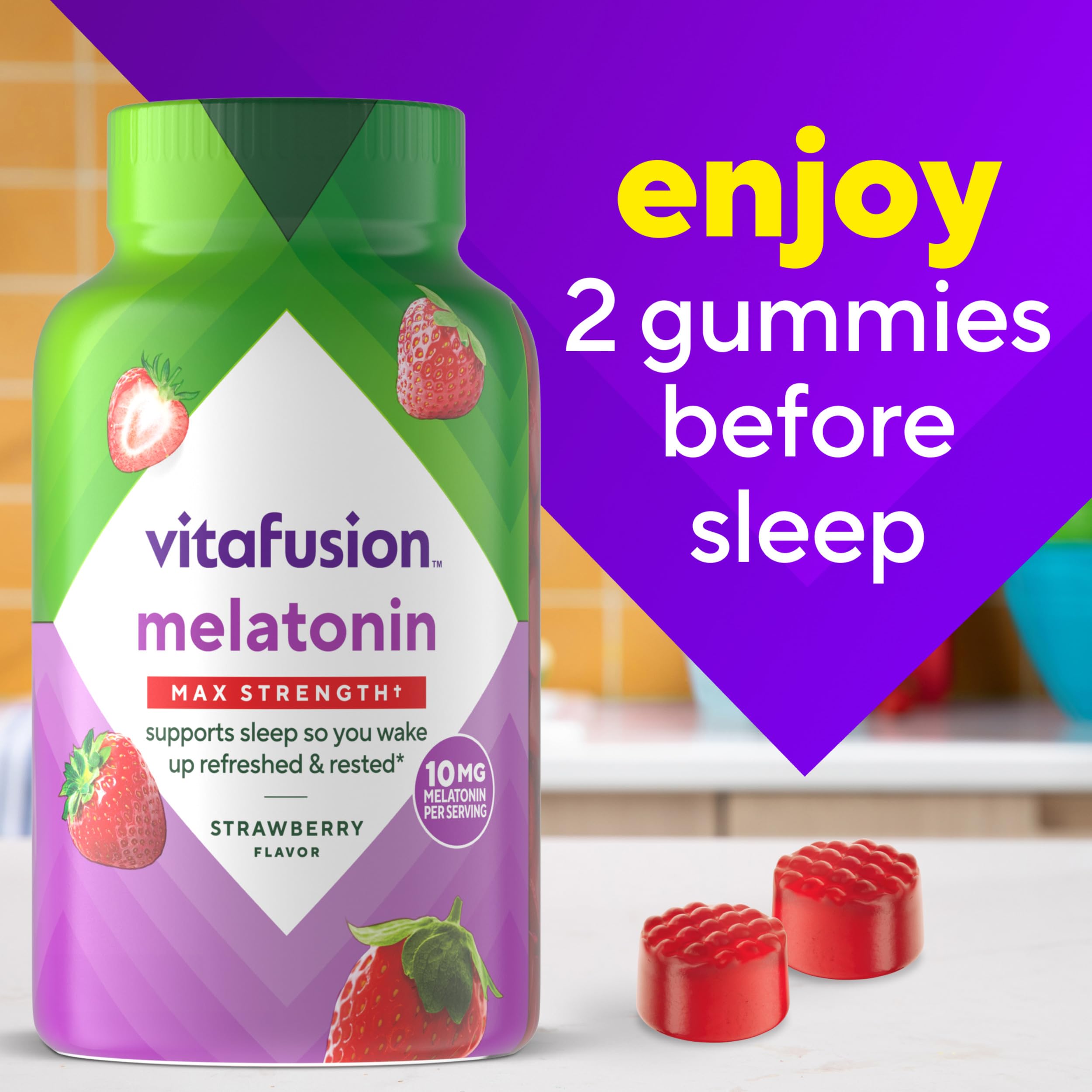 vitafusion Max Strength 10 mg Melatonin Gummies, Strawberry Flavored, Adult Melatonin Gummy Vitamin Supplement, 100 Count, 50 Day Supply Vitafusion buy supplements canada