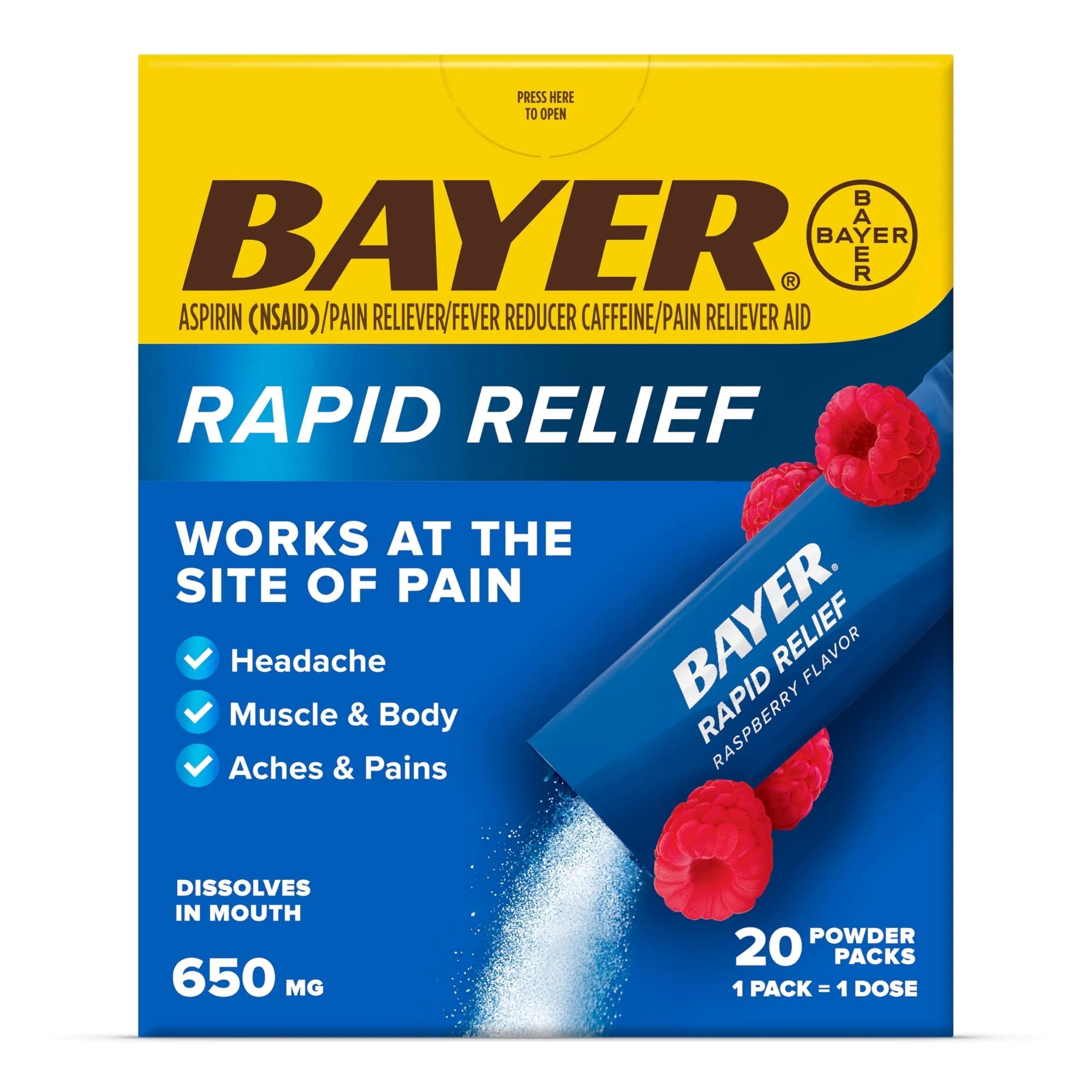 Bayer® Rapid Relief, Dissolvable Raspberry Flavor, Powder Packs with Aspirin & Caffeine, Fast Acting Headache Relief, Muscle and Body Pain Reliever, 20ct Bayer buy supplements canada