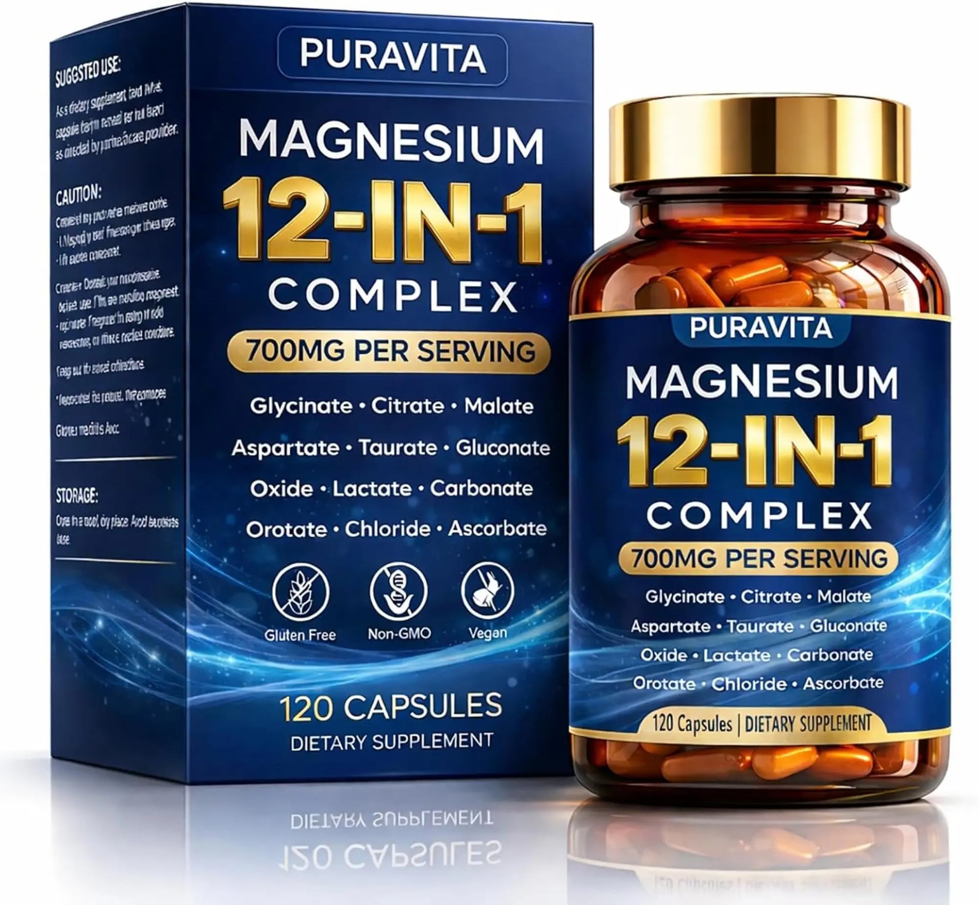 Puravita 12 in 1 Magnesium Complex Capsules - 700mg High Absorption Blend with Glycinate, Citrate, Malate, Oxide & Taurate. Supports Muscle Function, Nerve Health & Relaxation - 120 Capsules (1) PURAVITA buy supplements canada