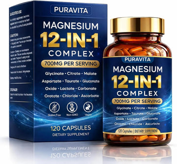 Puravita 12 in 1 Magnesium Complex Capsules - 700mg High Absorption Blend with Glycinate, Citrate, Malate, Oxide & Taurate. Supports Muscle Function, Nerve Health & Relaxation - 120 Capsules (1) PURAVITA buy supplements canada