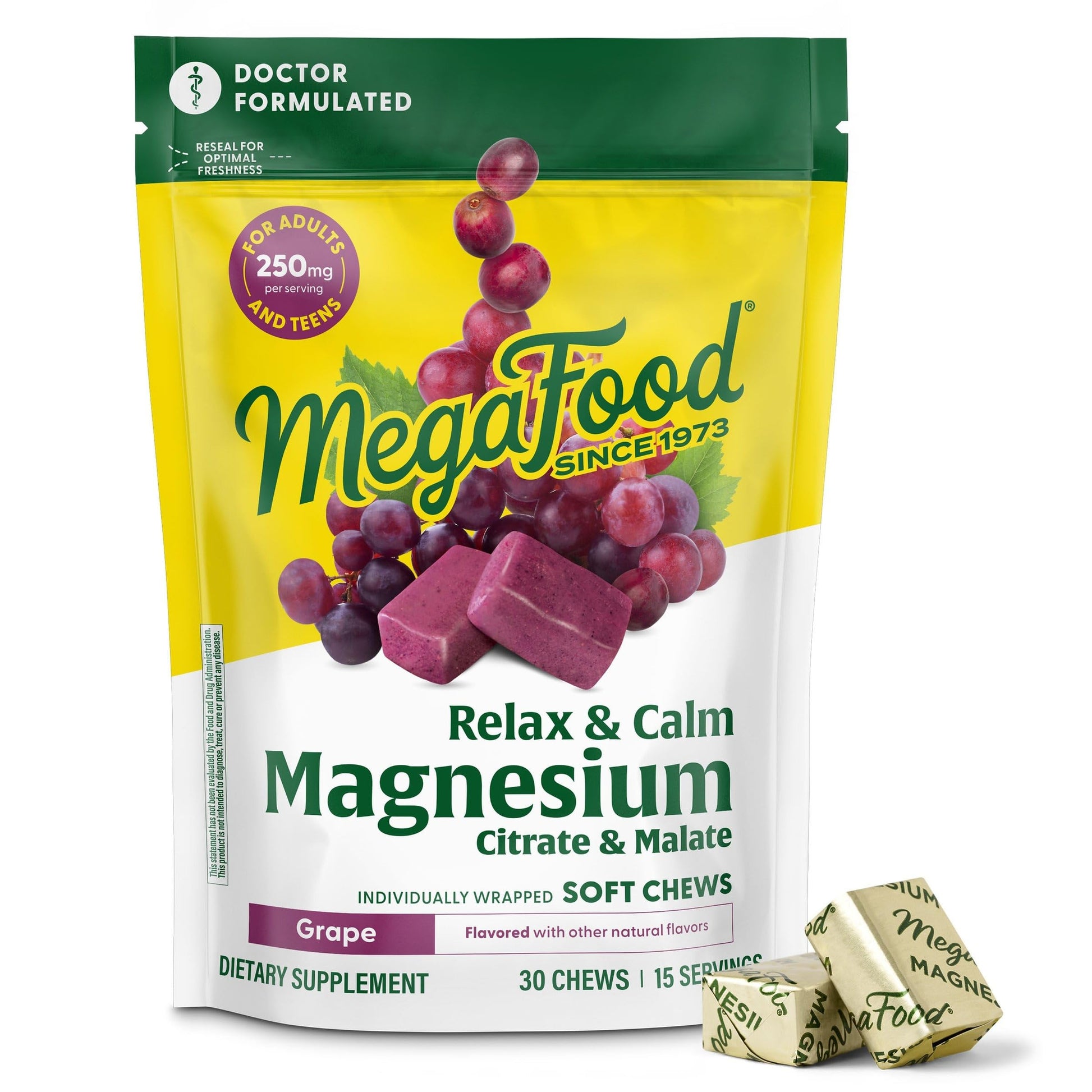 MegaFood Relax + Calm Magnesium Complex with Magnesium Citrate & Malate for Heart Health, Muscle Tension & More – Doctor Formulated - Vegetarian – Grape Flavor - 30 Soft Chews (15 Servings) MegaFood buy supplements canada