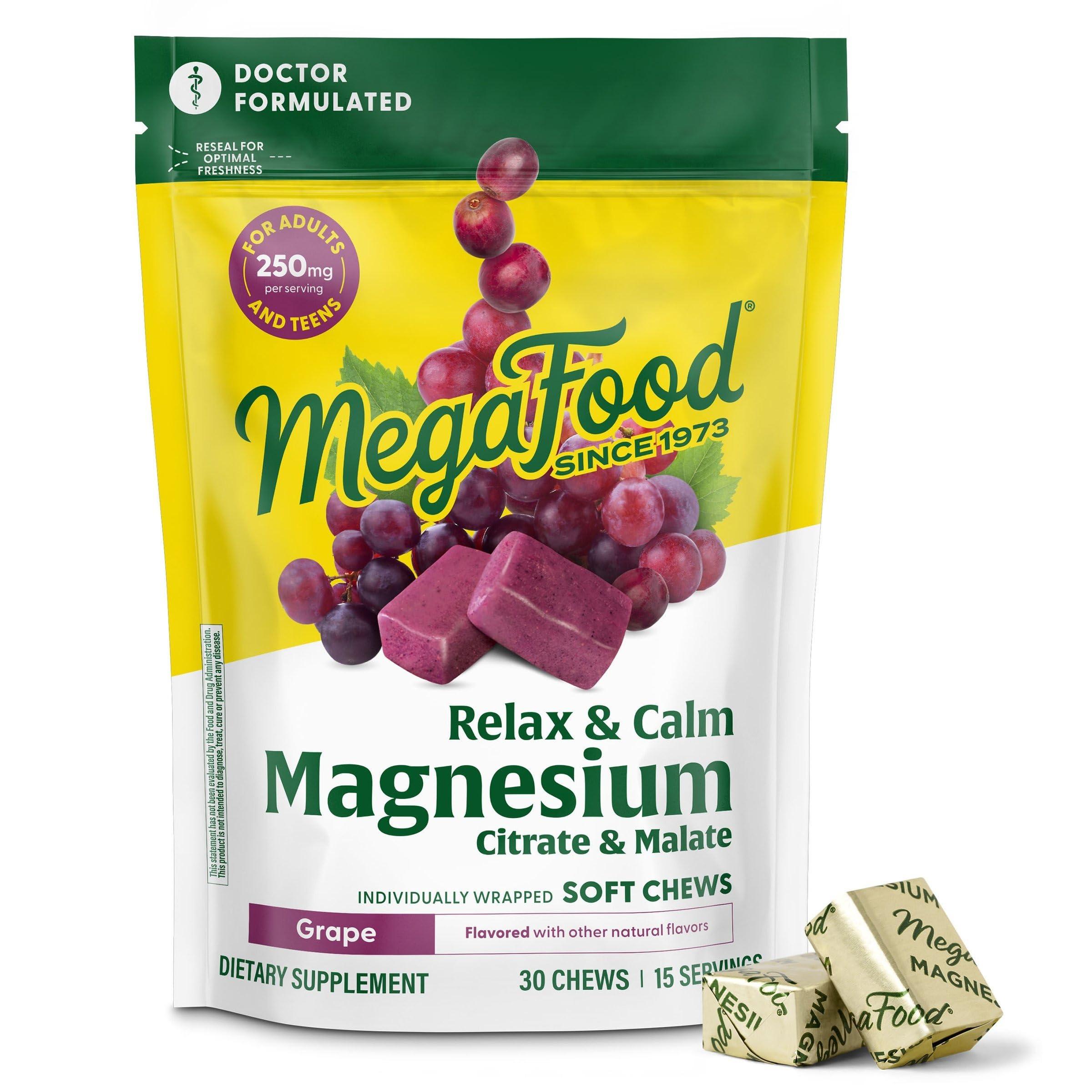 MegaFood Relax + Calm Magnesium Complex with Magnesium Citrate & Malate for Heart Health, Muscle Tension & More – Doctor Formulated - Vegetarian – Grape Flavor - 30 Soft Chews (15 Servings) MegaFood buy supplements canada