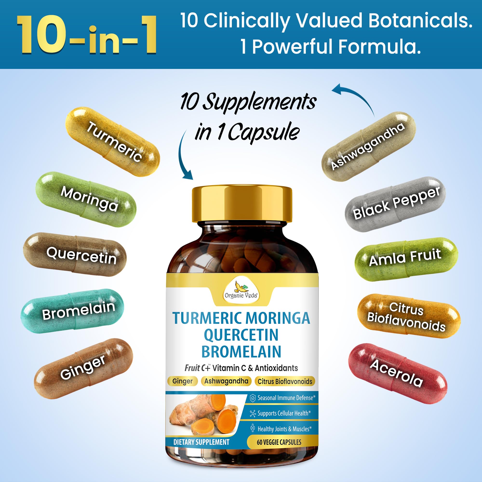 Organic Veda Turmeric Moringa Quercetin with Bromelain Capsules - Fruit C+ Vitamin C Antioxidants Immune System & Respiratory Supplement - Ashwagandha, Ginger, Citrus Bioflavonoids, 60 Vegan Capsule Organic Veda buy supplements canada