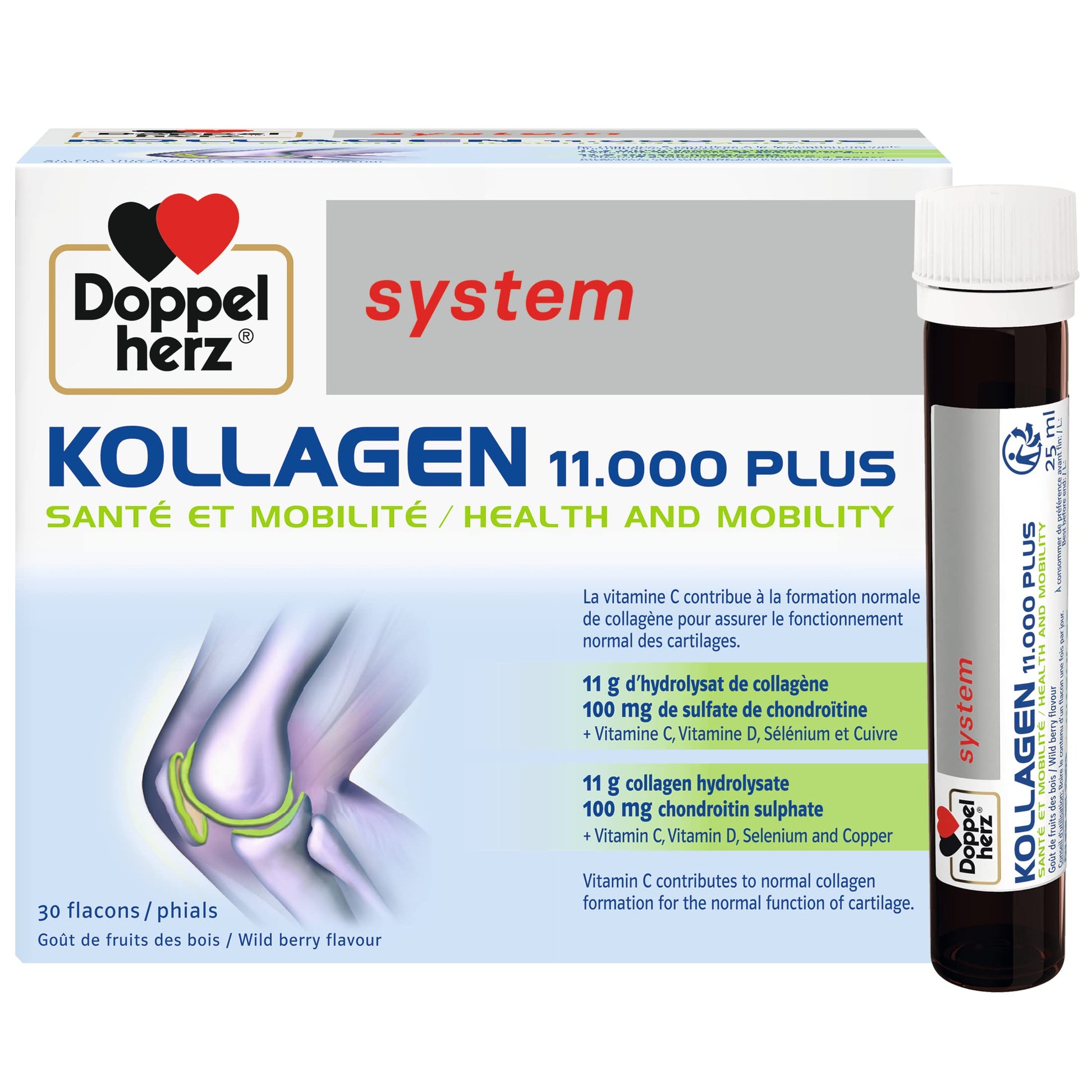 Doppelherz - Kollagen 11000 Plus - Collagen hydrolysate, chondroitin Sulphate, Vitamins C and D and Trace Elements - for Bones, cartilages and tendons - Wild Berry Flavour Liquid- 30 Bottles of 25ml Doppelherz buy supplements canada