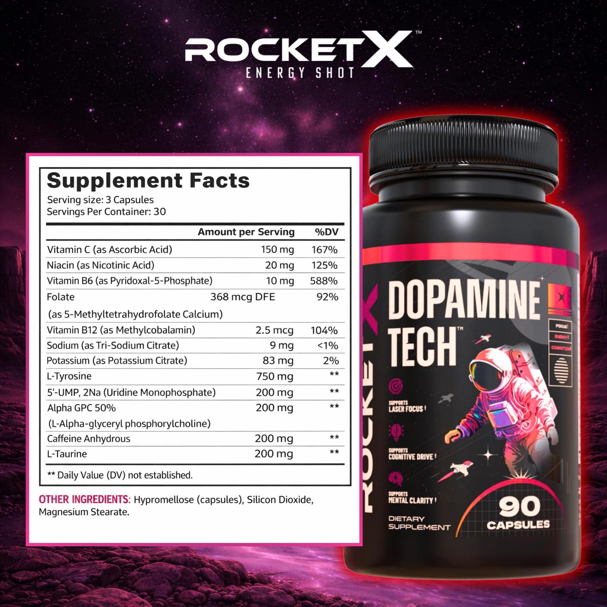 RocketX Dopamine Tech Brain Food Supplement, with L-Tyrosine and B Vitamins for Focus, Mental Clarity and Cognitive Drive, Vegan Capsules, 90 Capsules RocketX Energy buy supplements canada