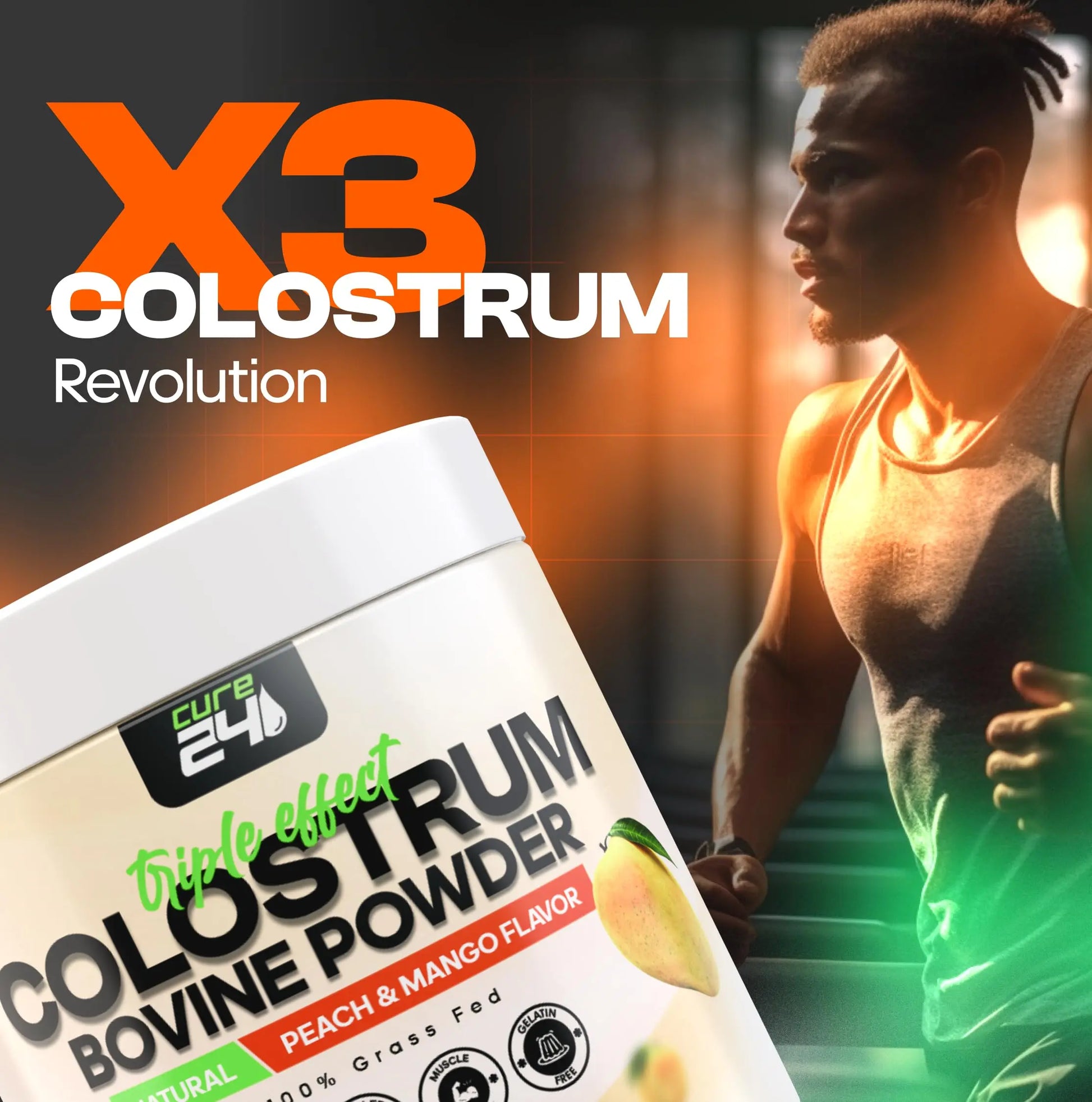 Cure24 Bovine X3 Colostrum Supplement Powder for Humans, 100% Pure Whole Natural Grass Fed Superfood, High IgG, Plus Probiotic & Prebiotic, Natural Peach-Mango Flavor, Made in USA Cure24 buy supplements canada