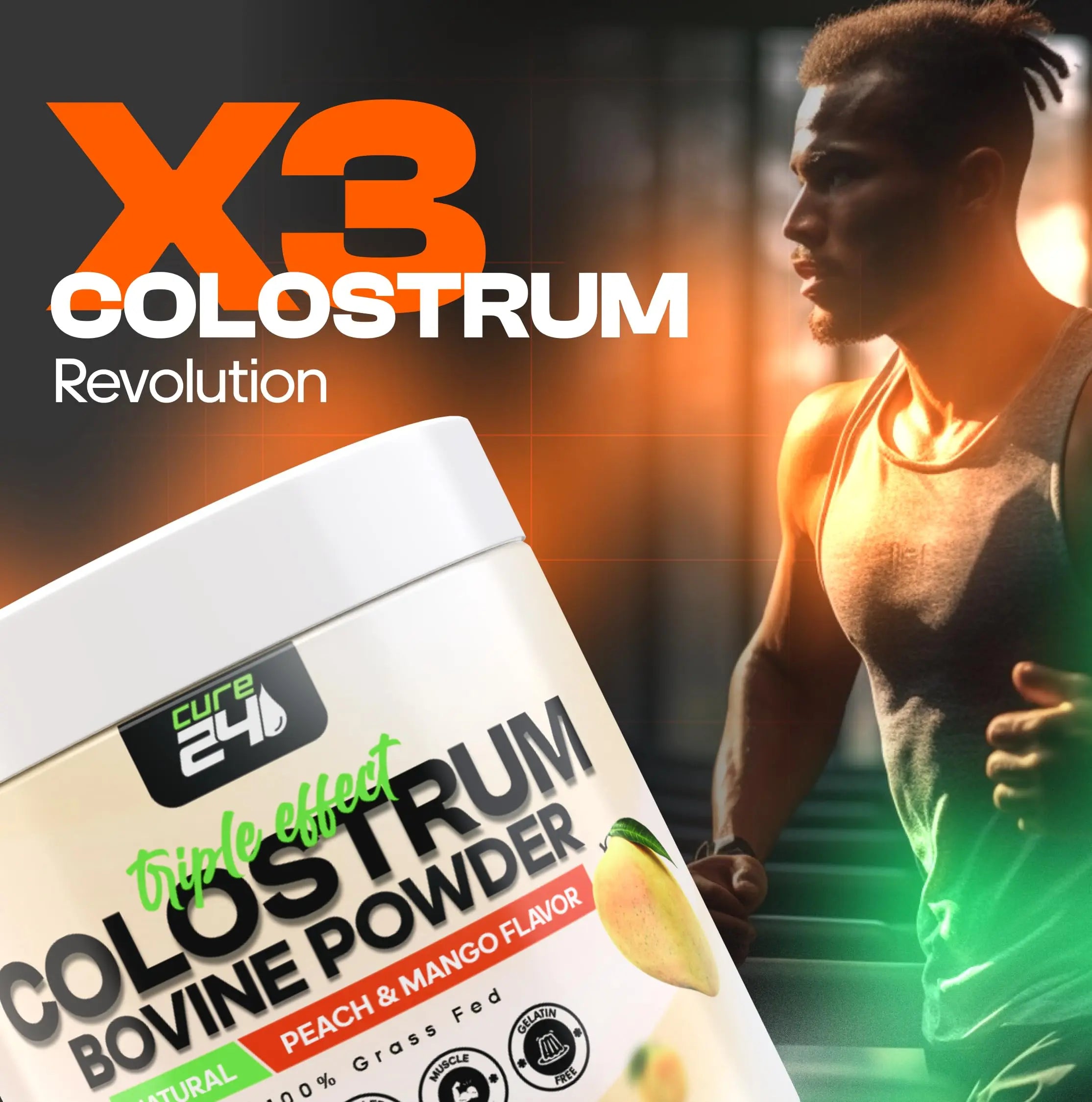 Cure24 Bovine X3 Colostrum Supplement Powder for Humans, 100% Pure Whole Natural Grass Fed Superfood, High IgG, Plus Probiotic & Prebiotic, Natural Peach-Mango Flavor, Made in USA Cure24 buy supplements canada
