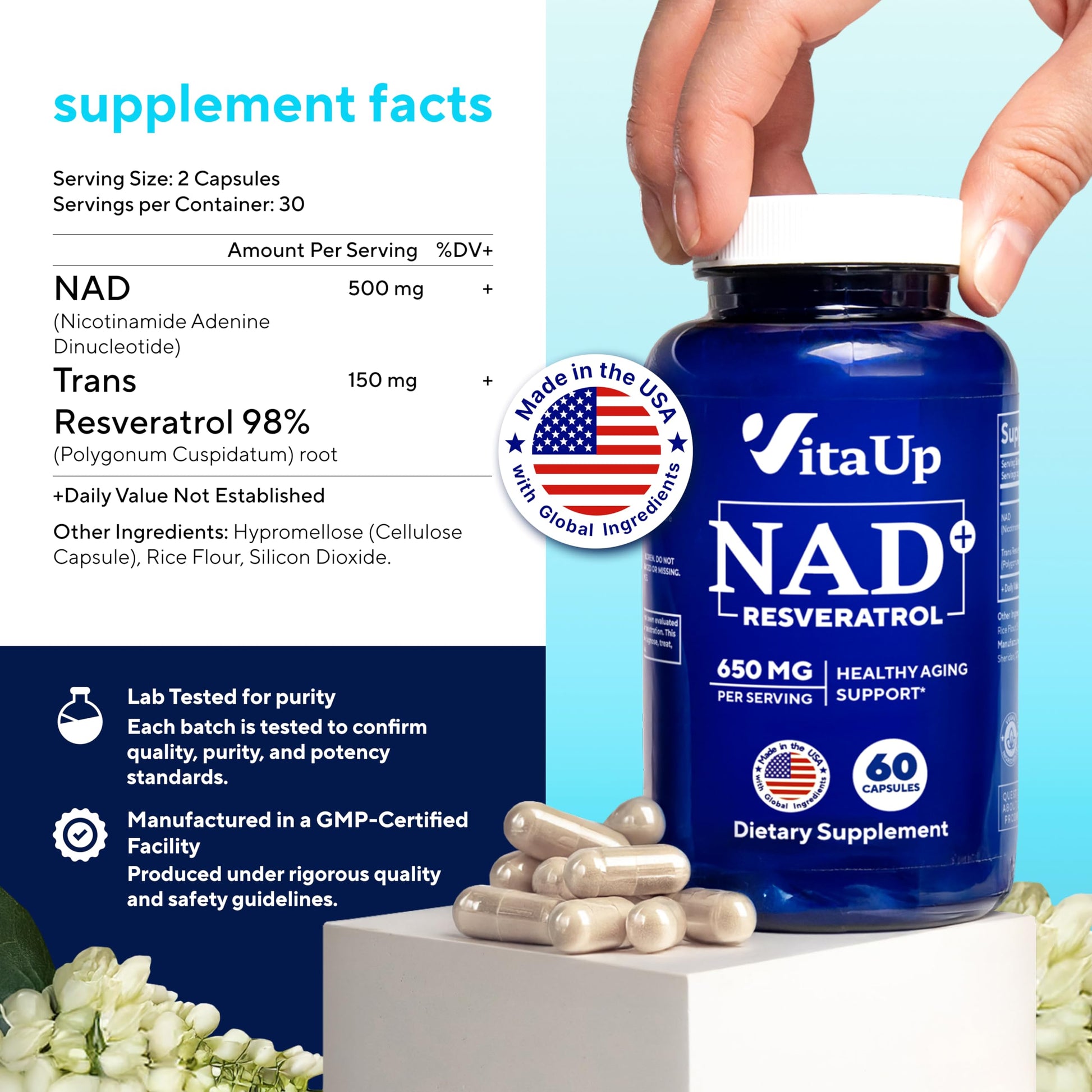 VitaUp NAD+ Resveratrol Supplement - USA Made Trans Resveratrol NAD Supplement 650mg - Nicotinamide Adenine Dinucleotide Capsules for Healthy Aging, Energy & Focus Support - 60 Count VitaUp buy supplements canada