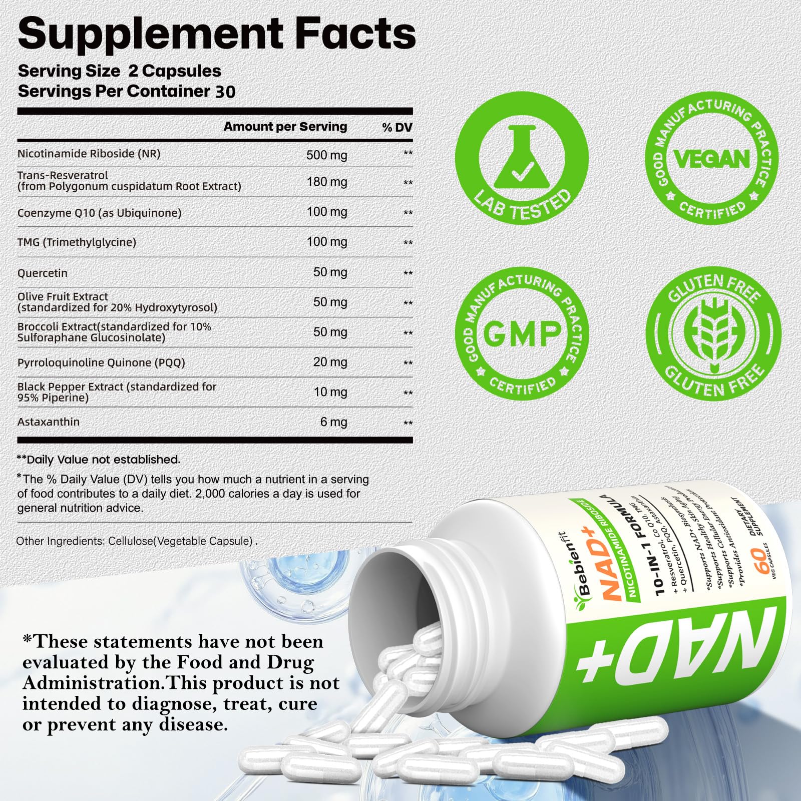 Nad Supplement for Healthy Aging | Energy| Antioxidant| Skin Health| Focus ,10-in-1 Formula with NR,Trans-Resveratrol,CoQ10,Astaxanthin,PQQ,TMG,Quercetin,Olive Fruit Nad+ for Women Men,60 Vegan Caps Bebien fit buy supplements canada