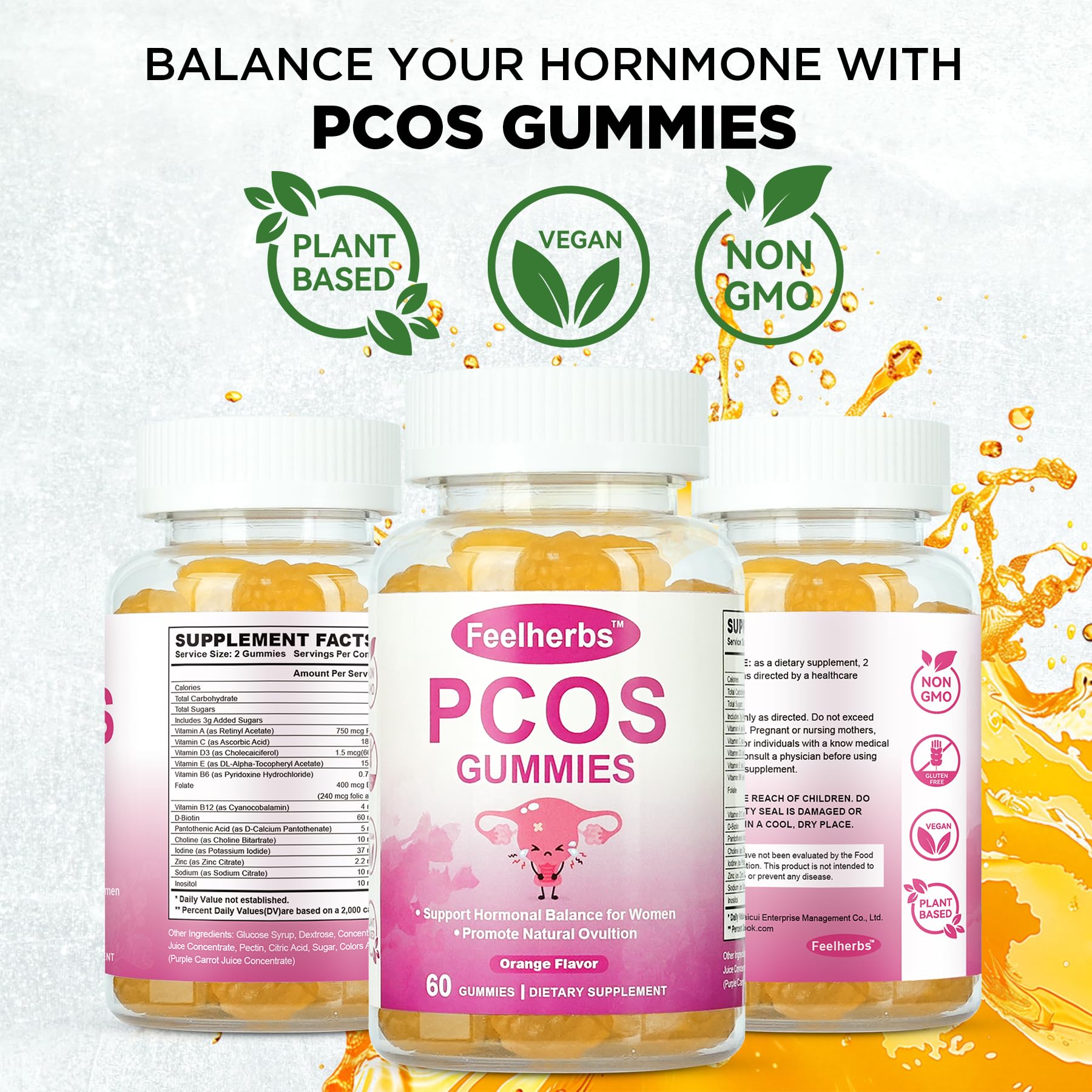 PCOS Gummies for Women Menstrual Cycle & Hormonal Balance, 60 Count Ovarian Support Gummies with Myo-Inositol, Folate and Vitamins, Orange Flavor PCOS Vitamins Gummies Helps Fertility and Ovulation Feelherbs buy supplements canada
