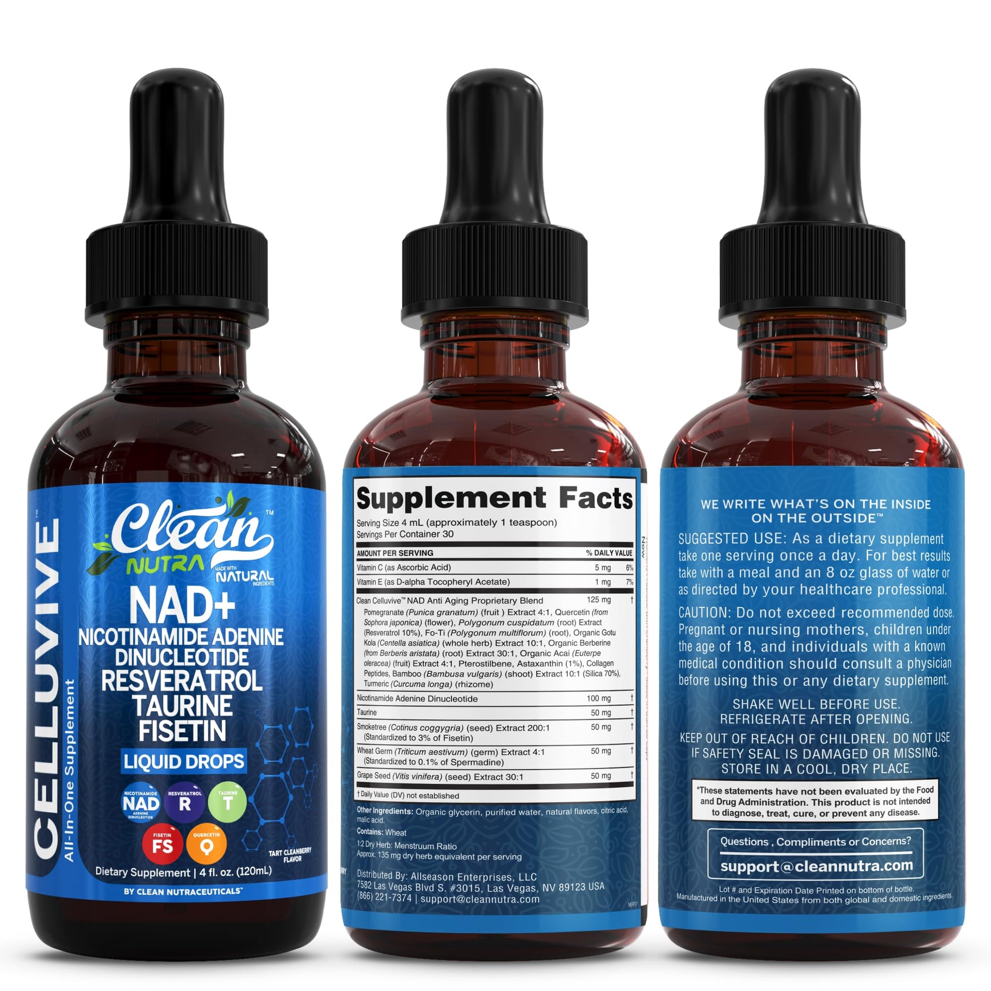 Clean Nutra NAD Liquid Supplement Drops Resveratrol Polyphenols Liposomal Taurine Fisetin Grape Seed Extract Japanese Knotweed Fo Ti Anti Aging NAD+ Nicotinamide Adenine Dinucleotide for Women & Men Clean Nutraceuticals buy supplements canada