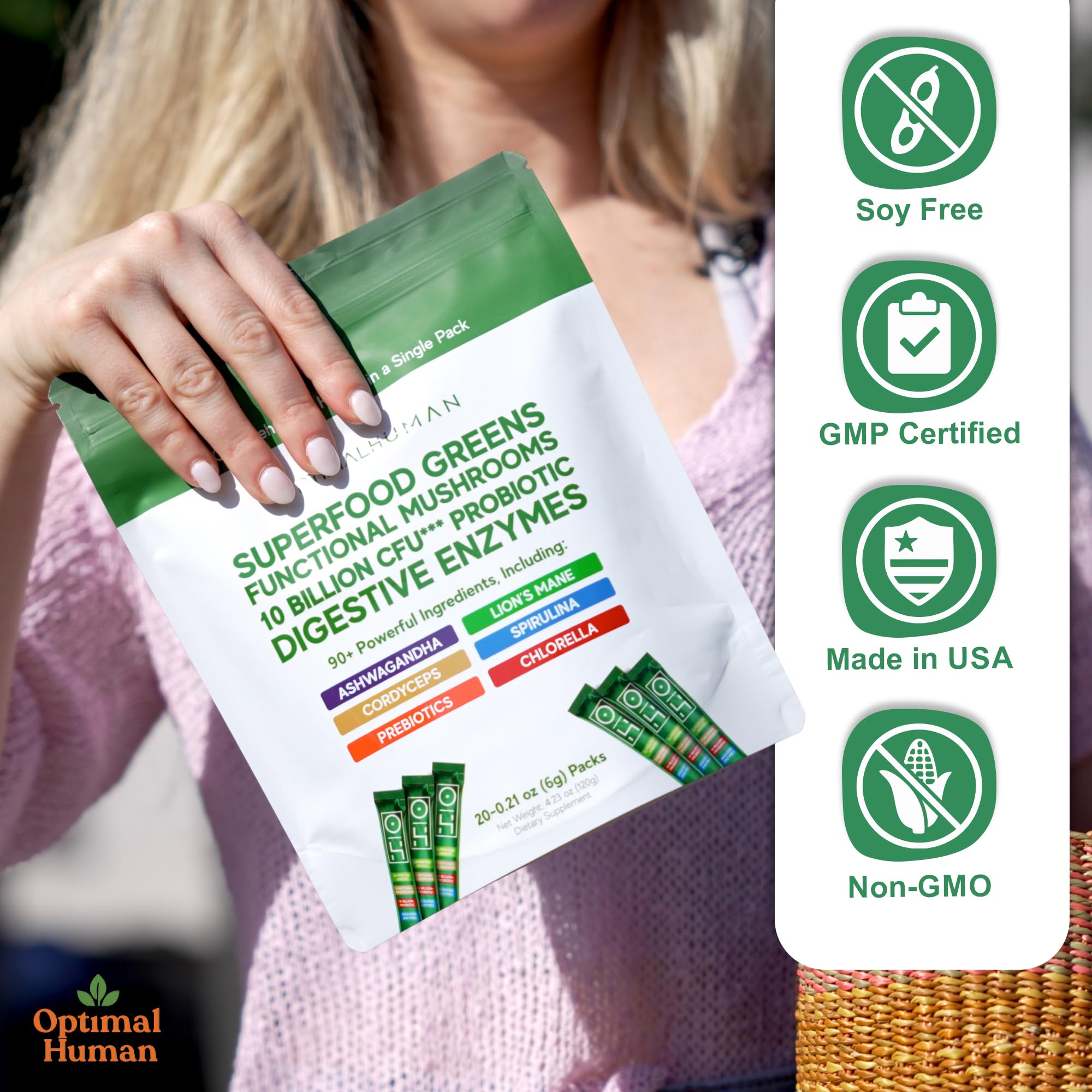 Optimal Human Superfood Greens Powder – 90+ Ingredient Blend with Lion’s Mane Supplement, Ashwagandha & Turmeric – Non-GMO, Soy-Free, Mushroom Supplements for Women – 20 Sachets O H buy supplements canada