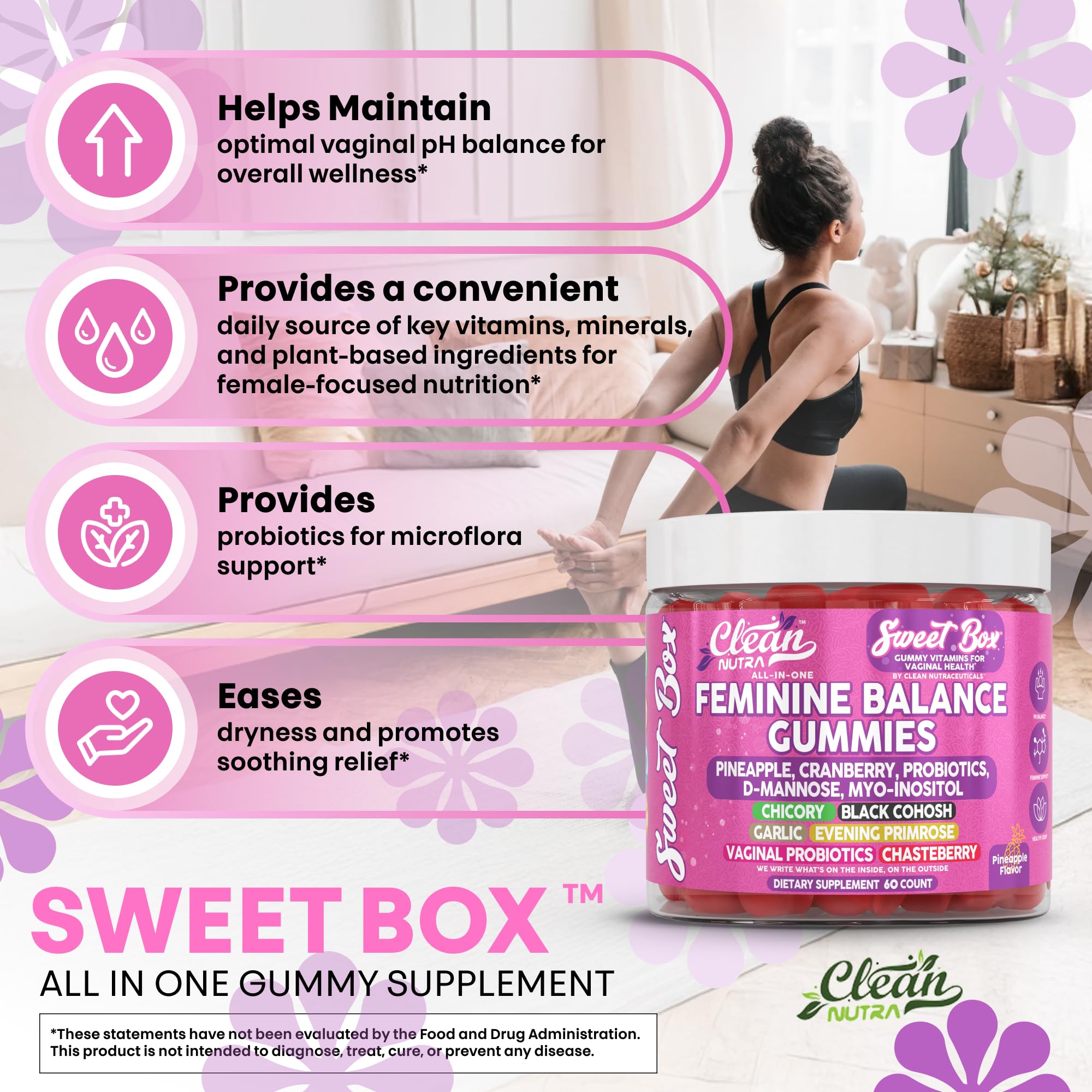 Clean Nutra Feminine Balance Gummies for Women Pineapple VaginalProbiotics pH Balance Cranberry D Mannose Supplement Inositol Black Cohosh Evening Primrose Garlic Vitex GLA Prebiotics Folate 60ct Clean Nutraceuticals buy supplements canada