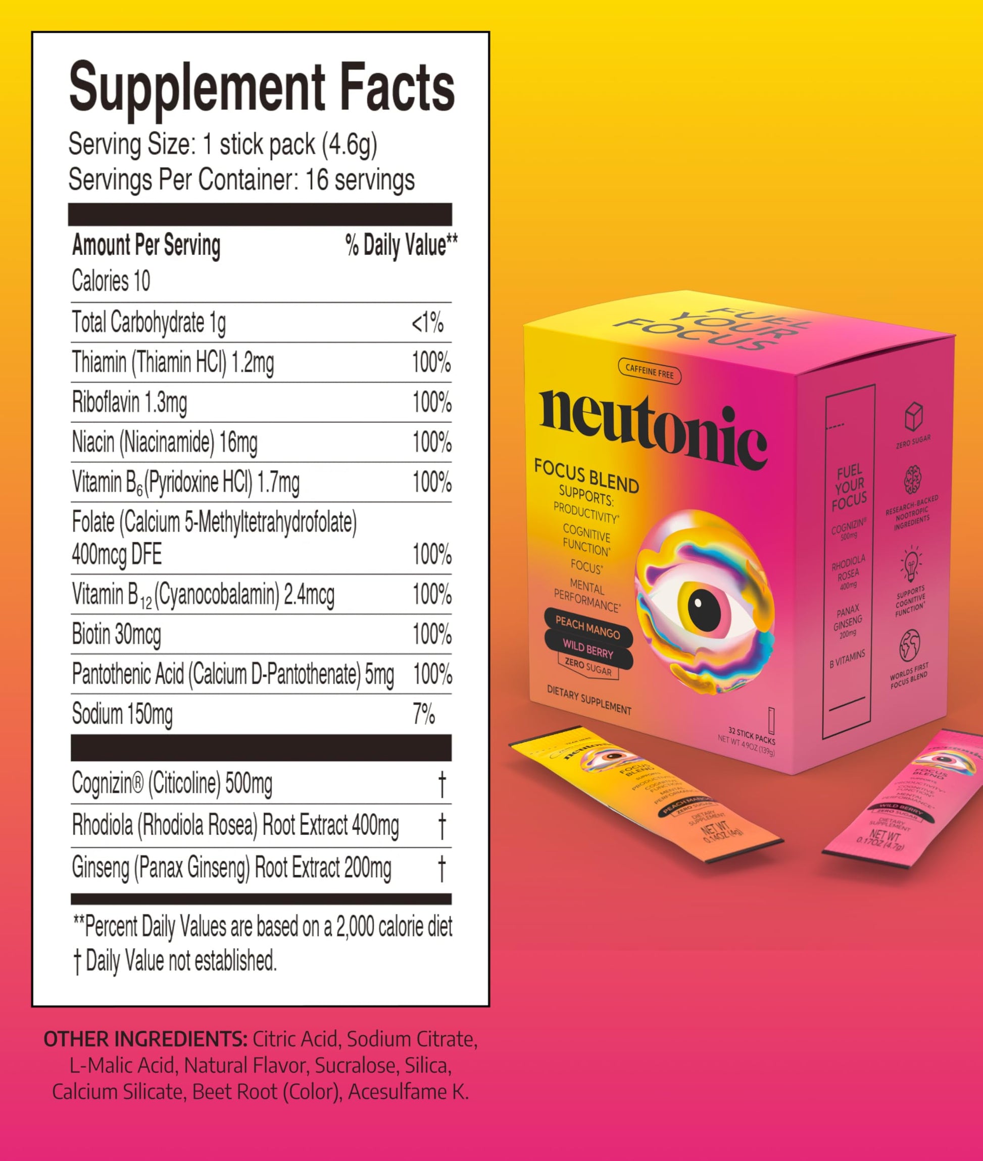 Neutonic Nootropic Focus Blend Powder | Peach Mango & Wild Berry 32 Sticks | Caffeine Free, Zero Sugar | Support Memory, Mental Clarity, Cognitive Function | Boost Focus, Energy, Brain Health Neutonic buy supplements canada